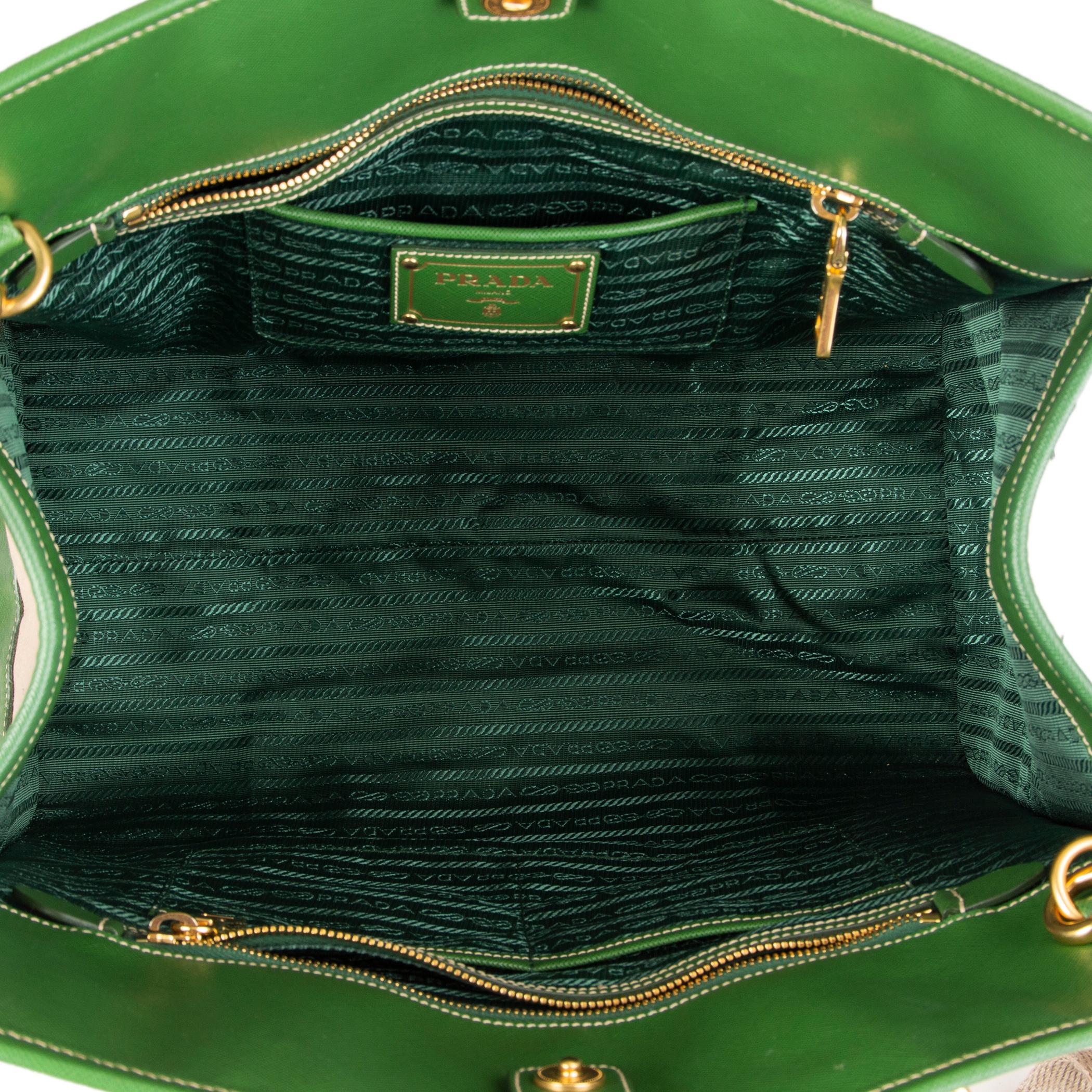 PRADA green leather & canvas NORTT TO SOUTH Tote Bag 1