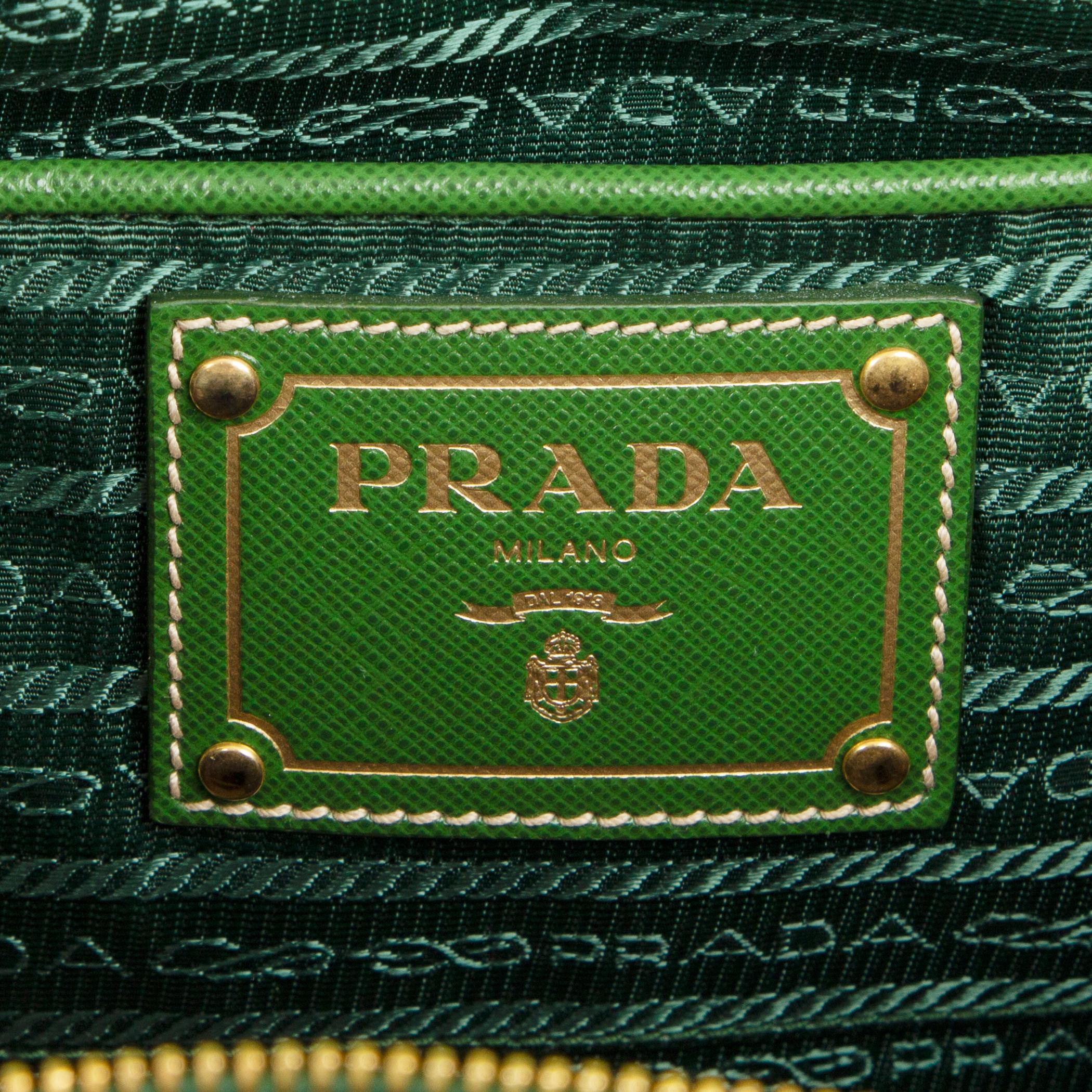 PRADA green leather & canvas NORTT TO SOUTH Tote Bag 2