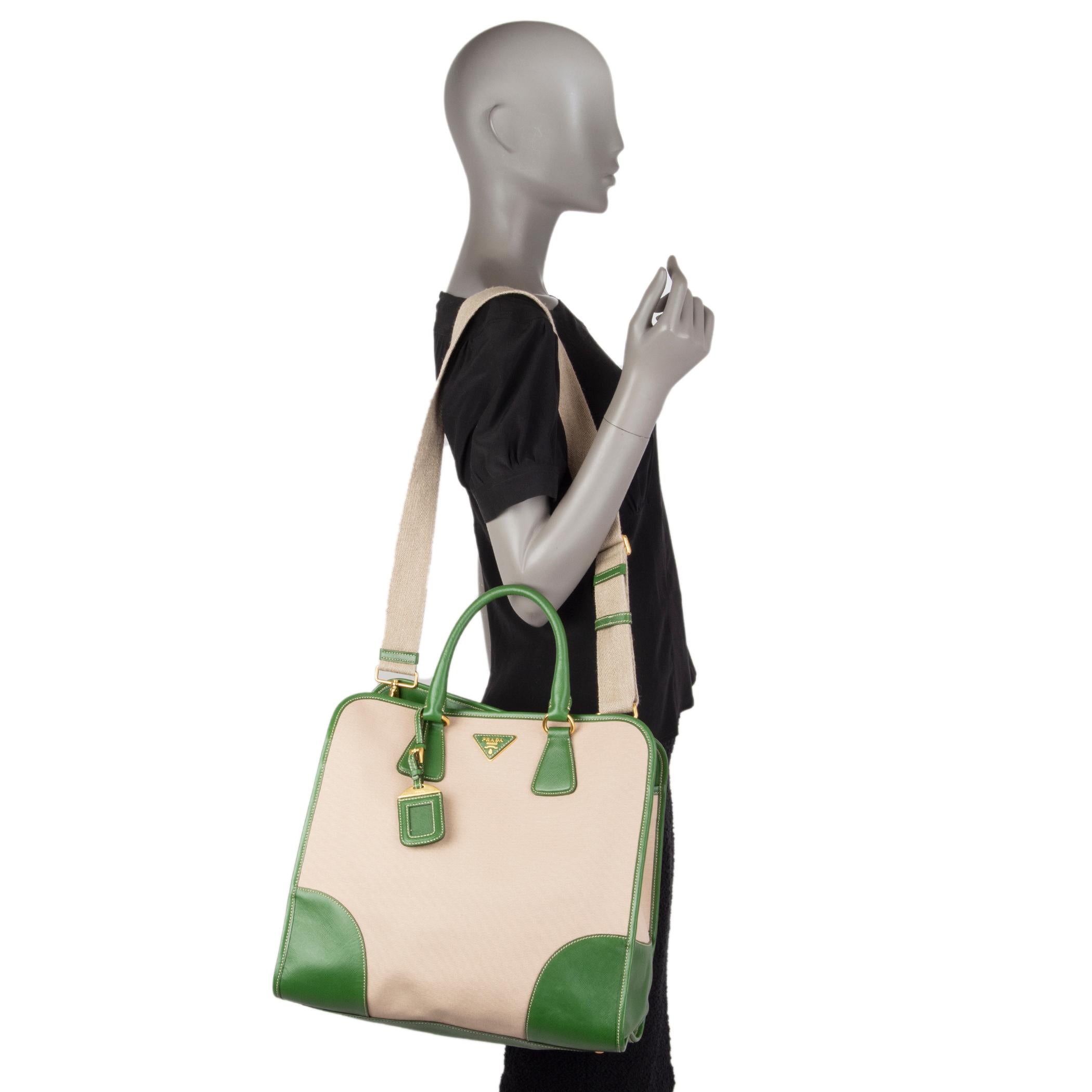 PRADA green leather & canvas NORTT TO SOUTH Tote Bag 3