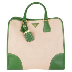 PRADA green leather & canvas NORTT TO SOUTH Tote Bag
