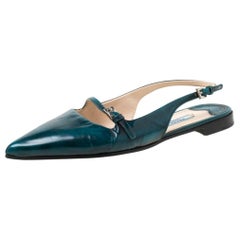 Prada Green Leather Slingback Flat Sandals Size 37