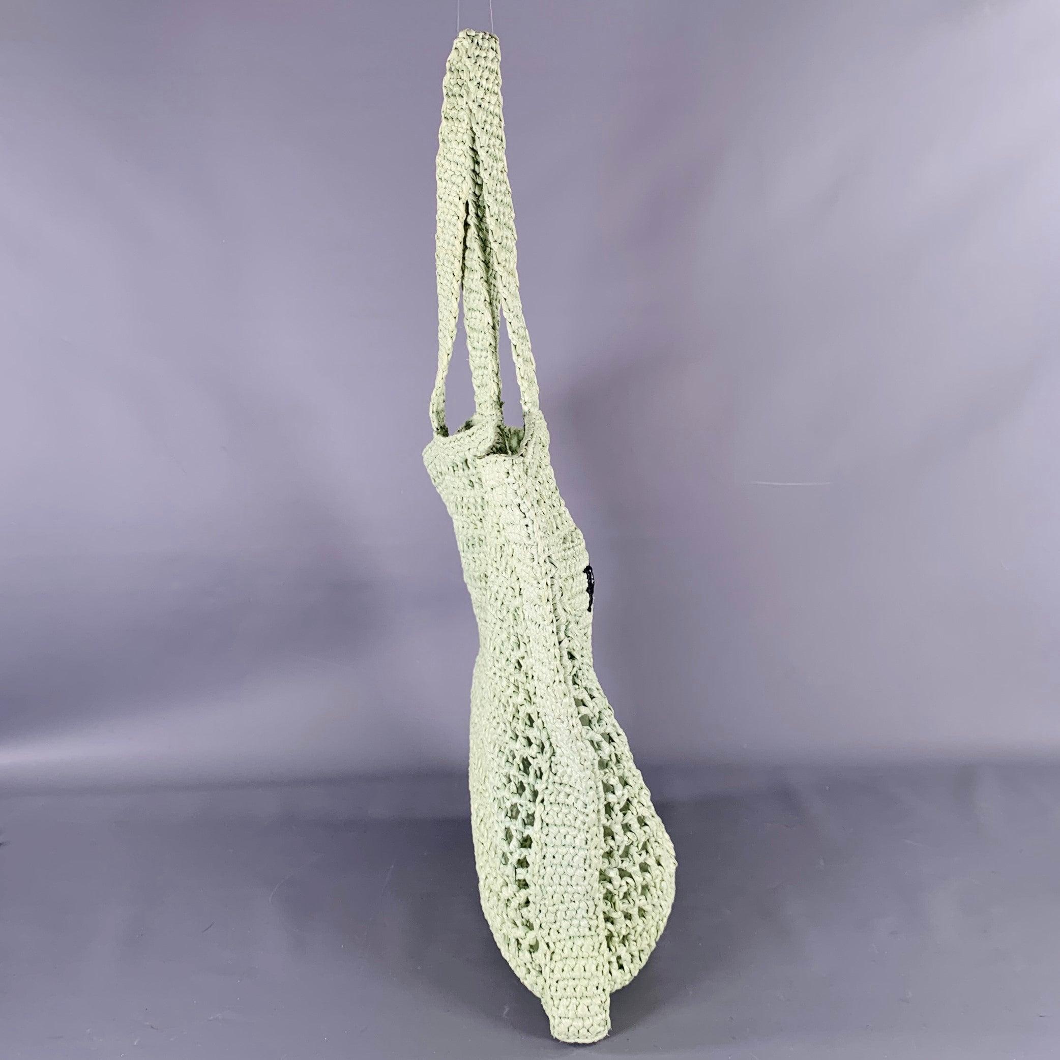 Gray PRADA Green Mint Crochet Raffia Tote Handbag