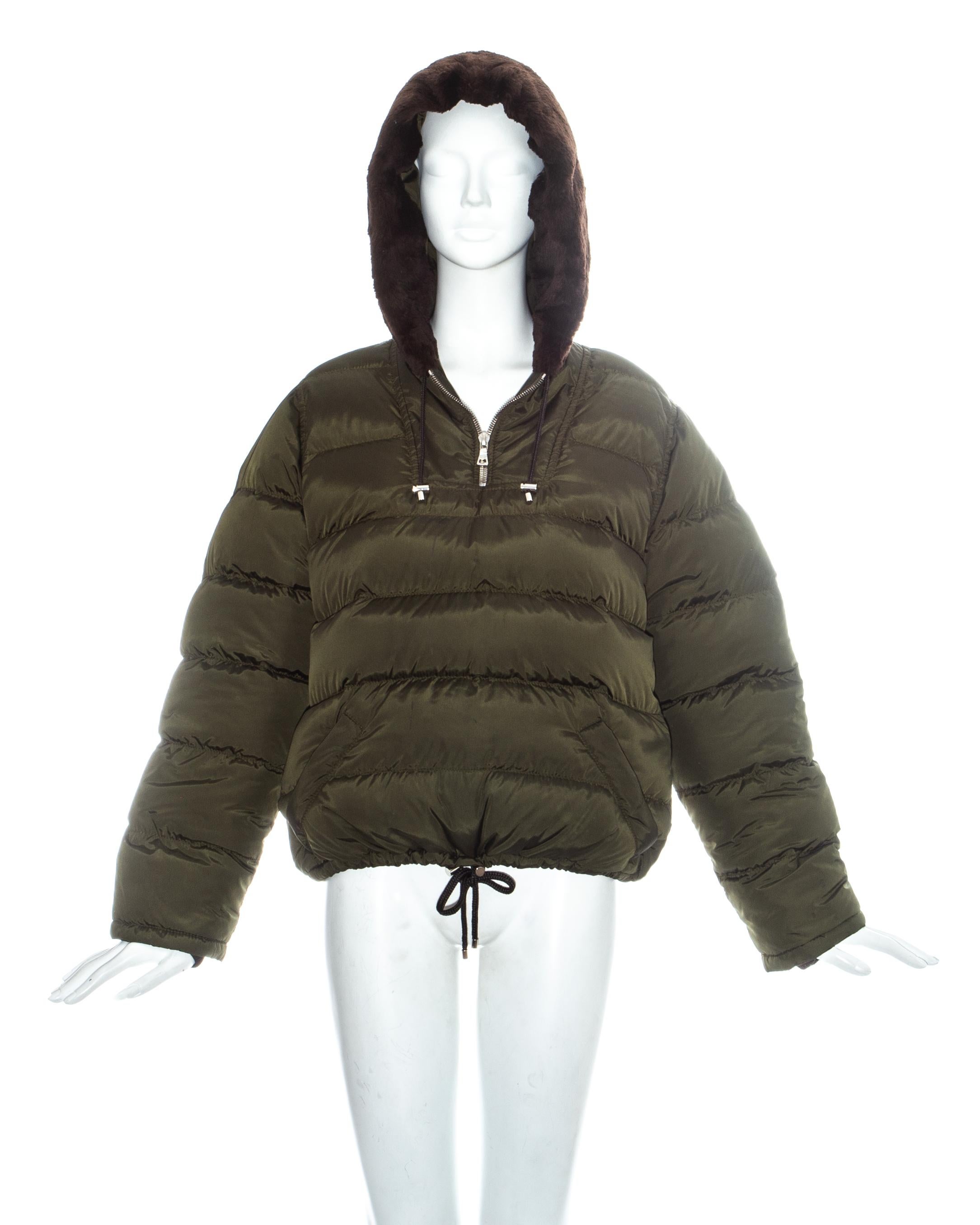 Black Prada green nylon and beaver fur puffer sweater, fw 1993 For Sale