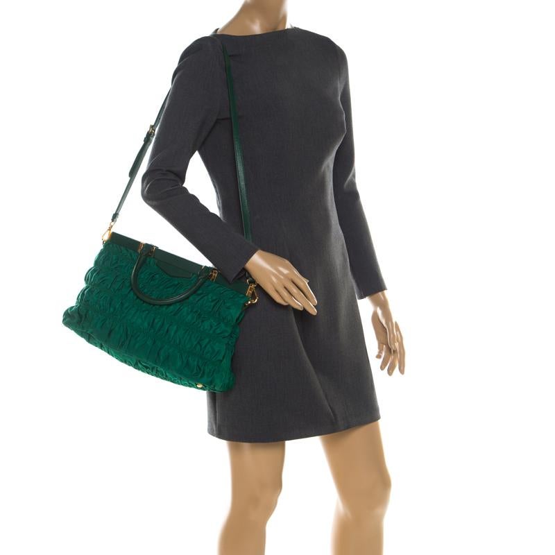 Black Prada Green Nylon and Leather Gaufre Tessuto Tote