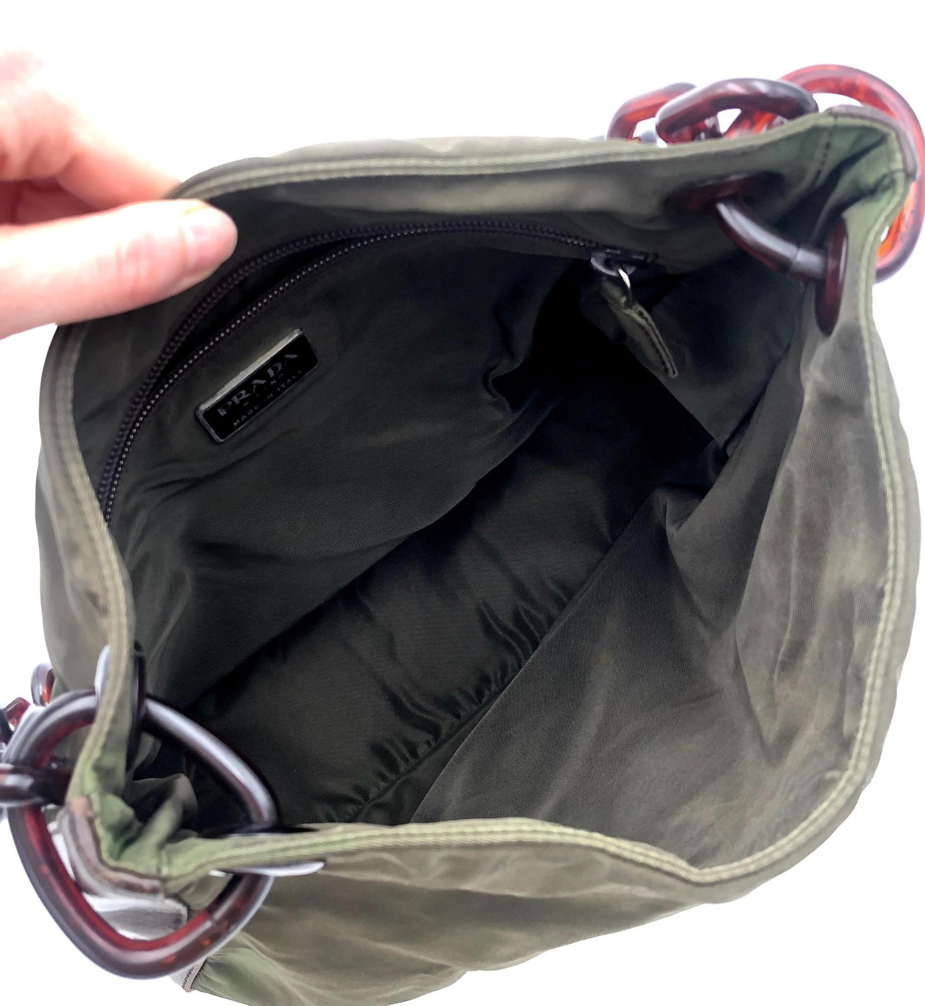 Prada green nylon brown leather resin chain strap shoulder bag For Sale 3