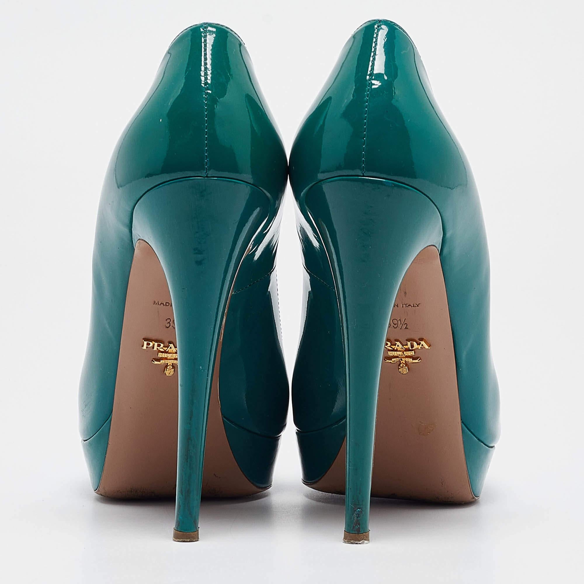 Prada Green Patent Leather Peep Toe Pumps Size 39.5 For Sale 1