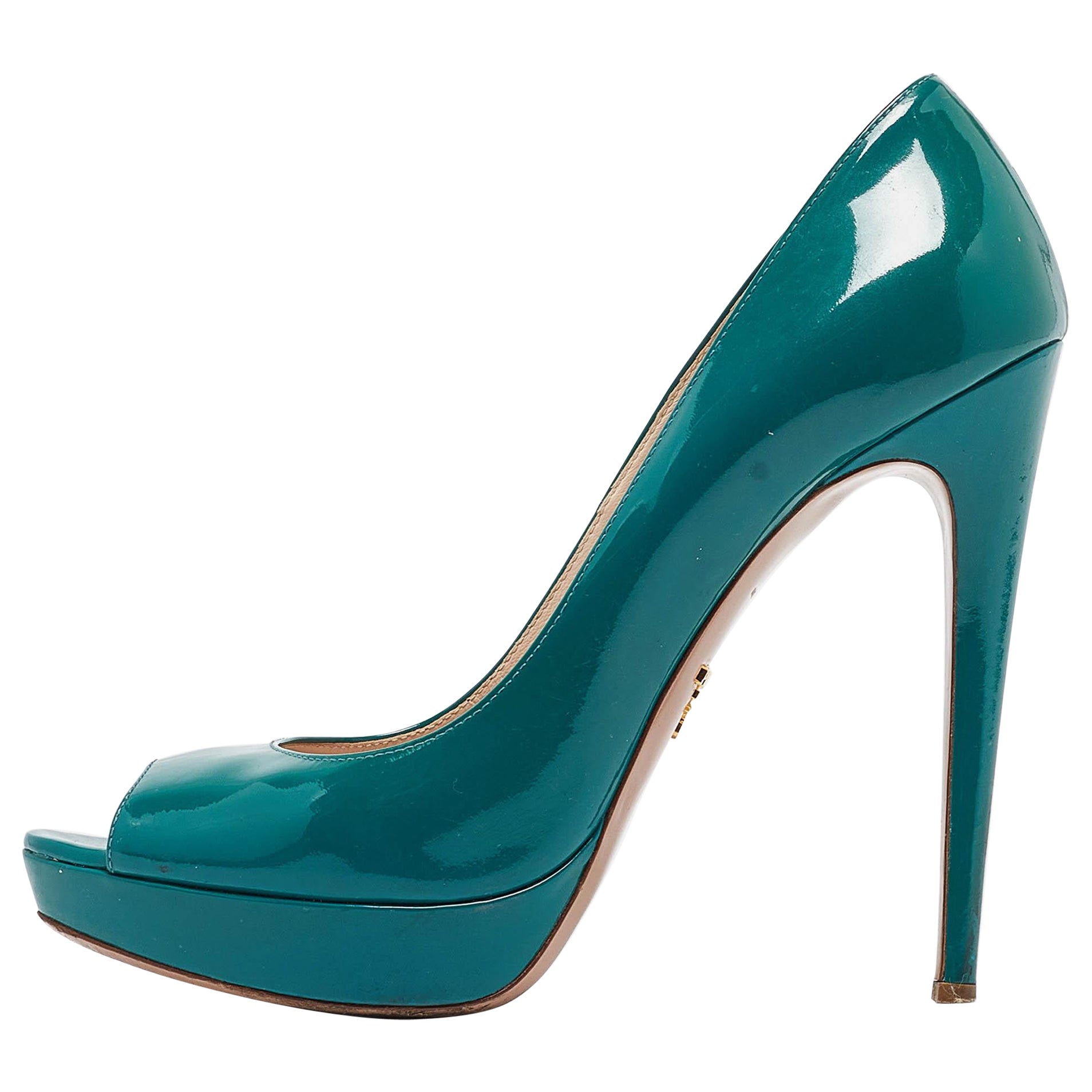 Prada Green Patent Leather Peep Toe Pumps Size 39.5