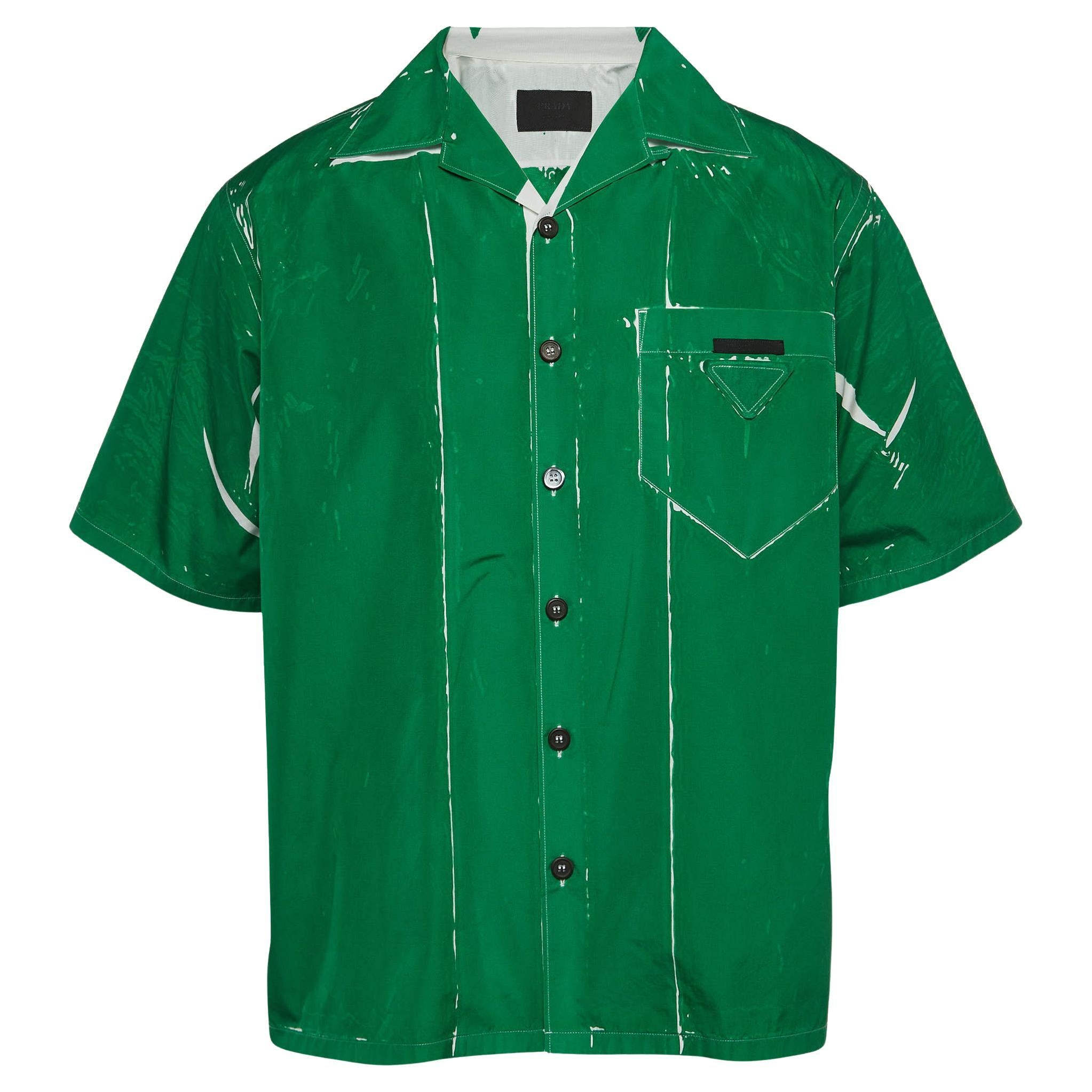 Prada Green Printed Cotton Bowling Shirt L For Sale