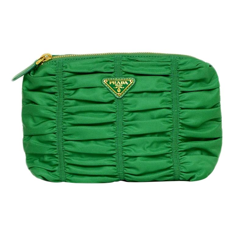 Prada Green Ruched Nylon Clutch/ Cosmetic Bag For Sale at 1stDibs