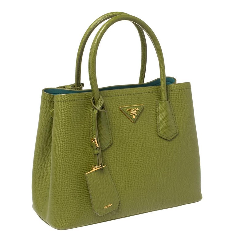 Prada Green Saffiano Cuir Leather Double Handle Tote at 1stDibs
