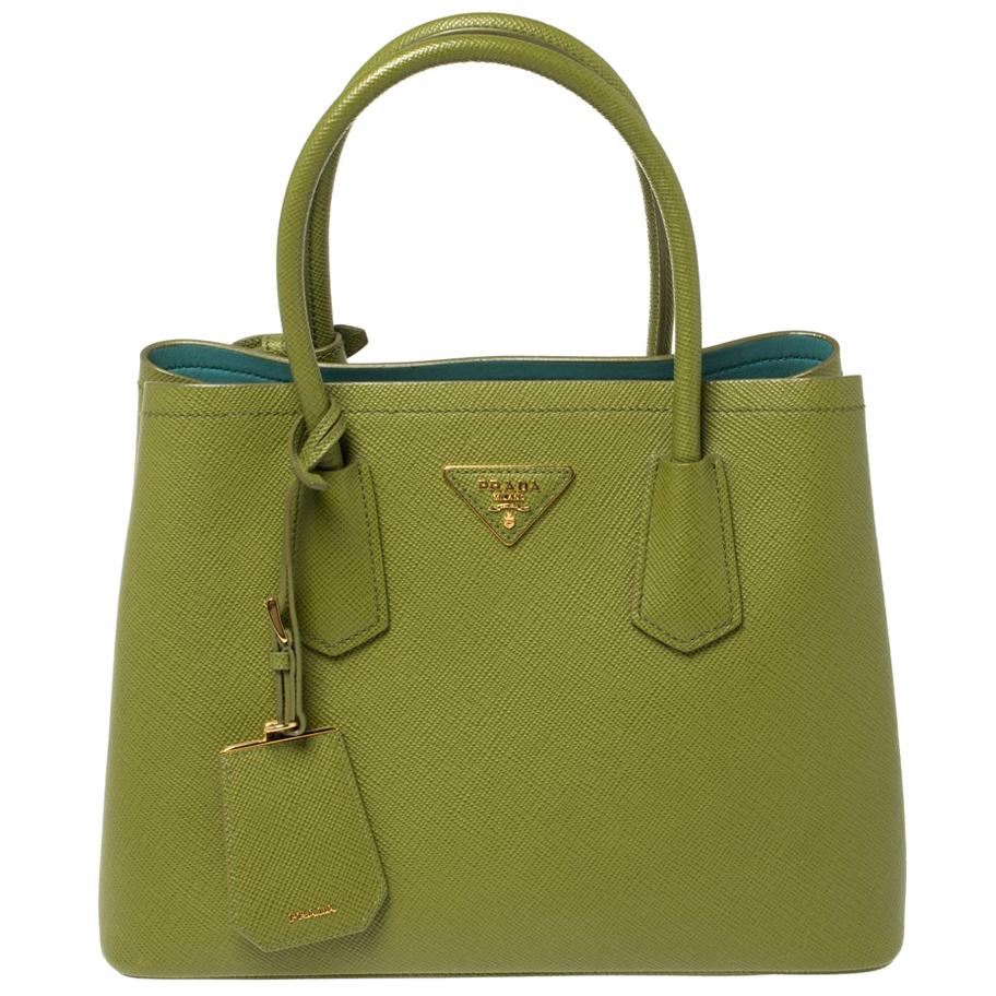 Prada Green Saffiano Cuir Leather Double Handle Tote