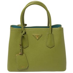 Prada Green Saffiano Cuir Leather Double Handle Tote at 1stDibs