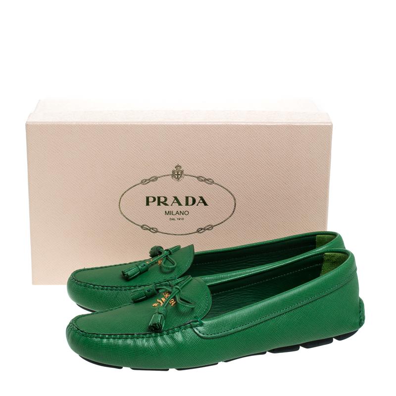 Prada Green Saffiano Leather Bow Loafers Size 40 1