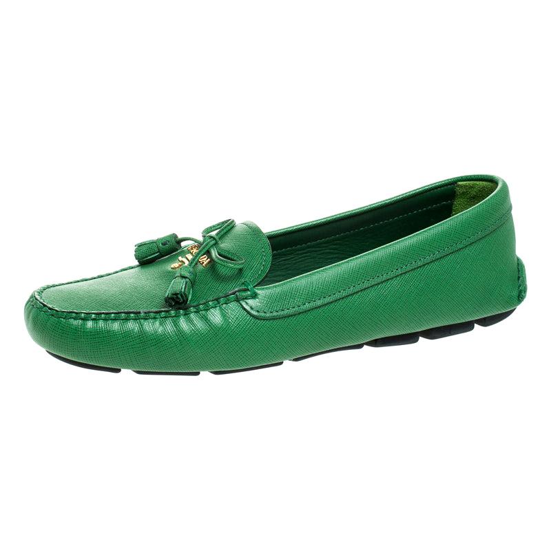 Prada Green Saffiano Leather Bow Loafers Size 40