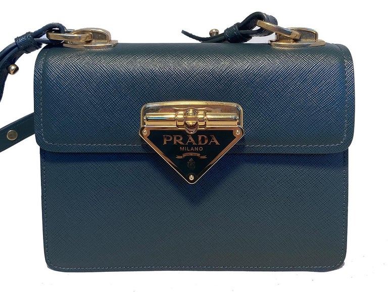 Prada Green Saffiano Leather Logo Flap Shoulder Bag For Sale at 1stDibs