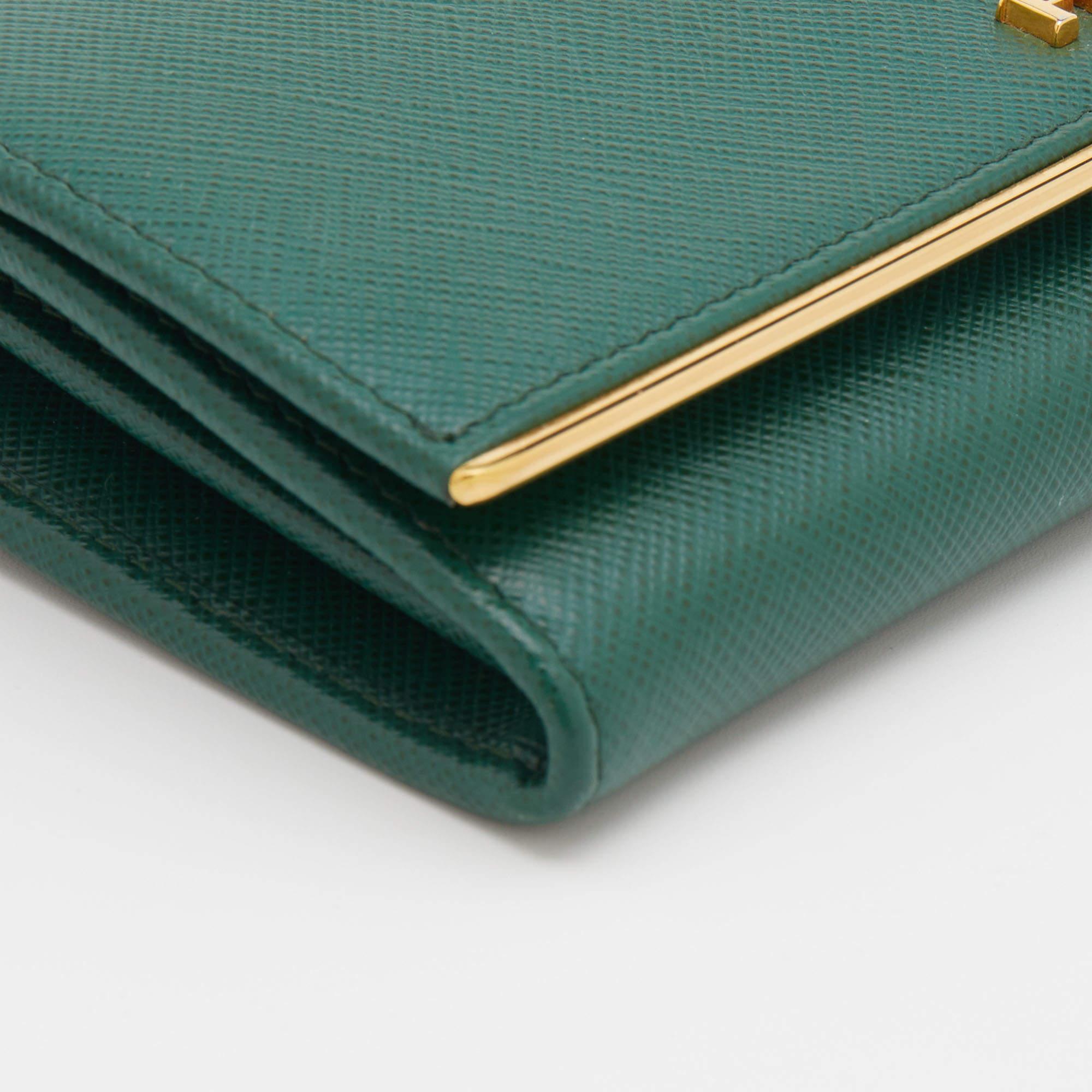 Prada Green Saffiano Leather Metal Bar Continental Wallet 4