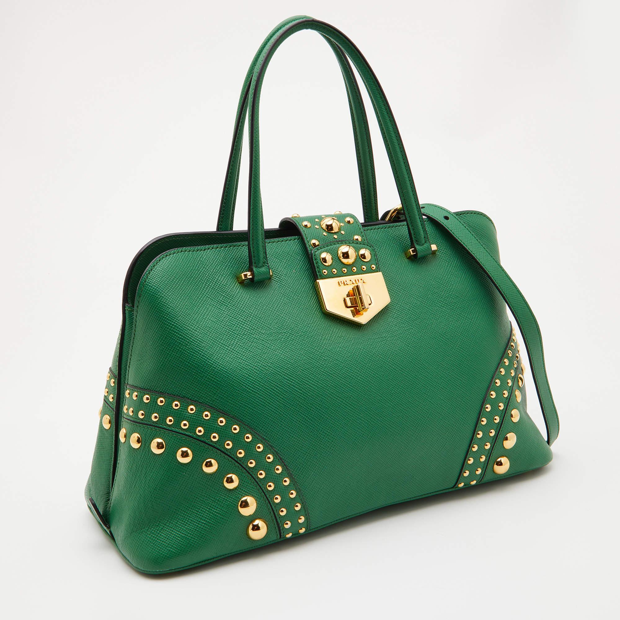 Women's Prada Green Saffiano Leather Promenade Studded Satchel