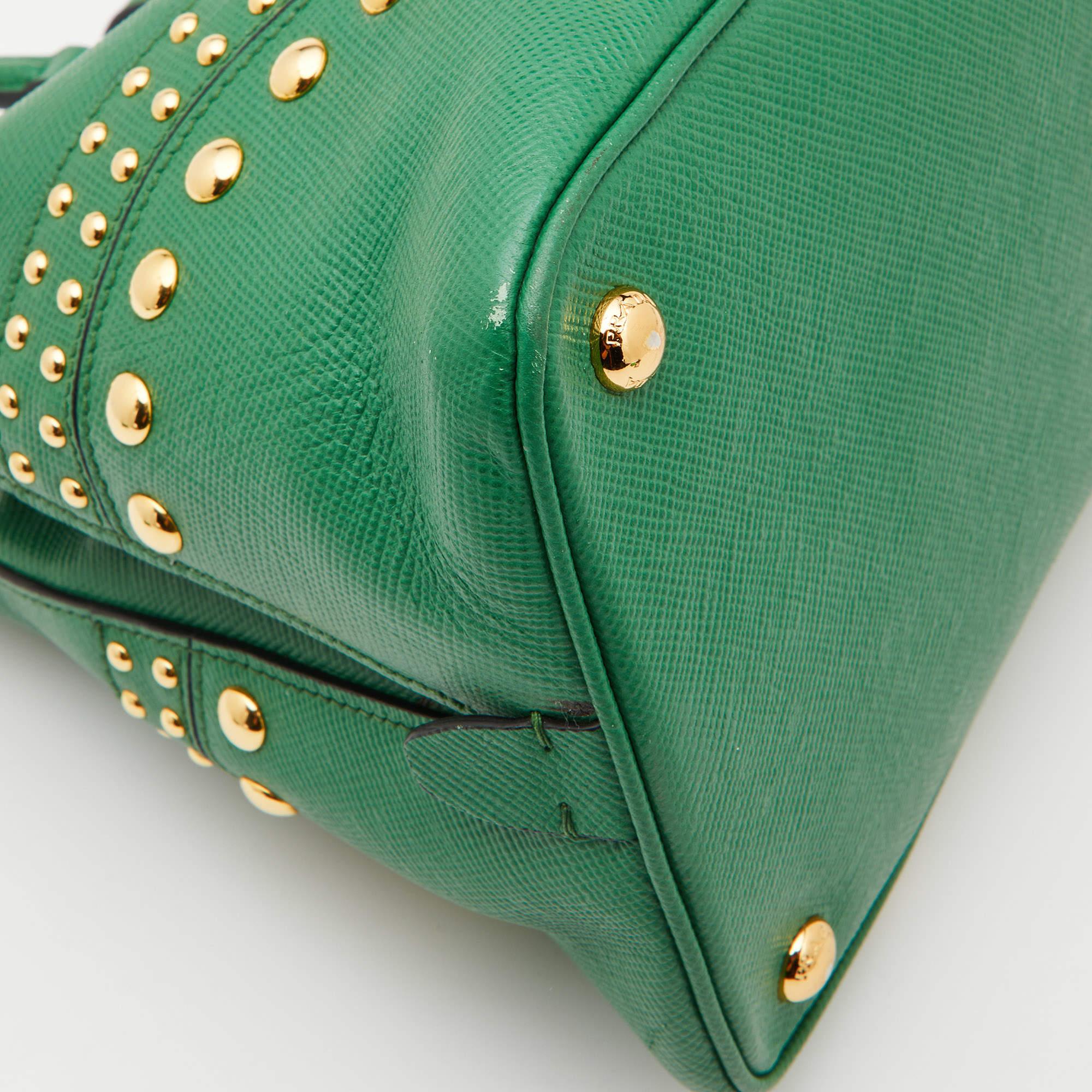 Prada Green Saffiano Leather Promenade Studded Satchel 4