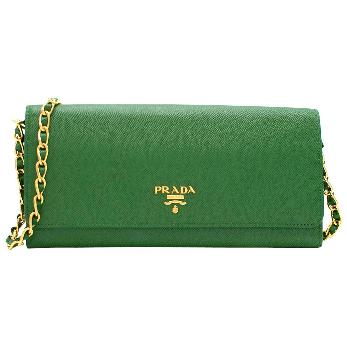 Prada Green Saffiano Leather Wallet on Chain at 1stDibs | prada green wallet