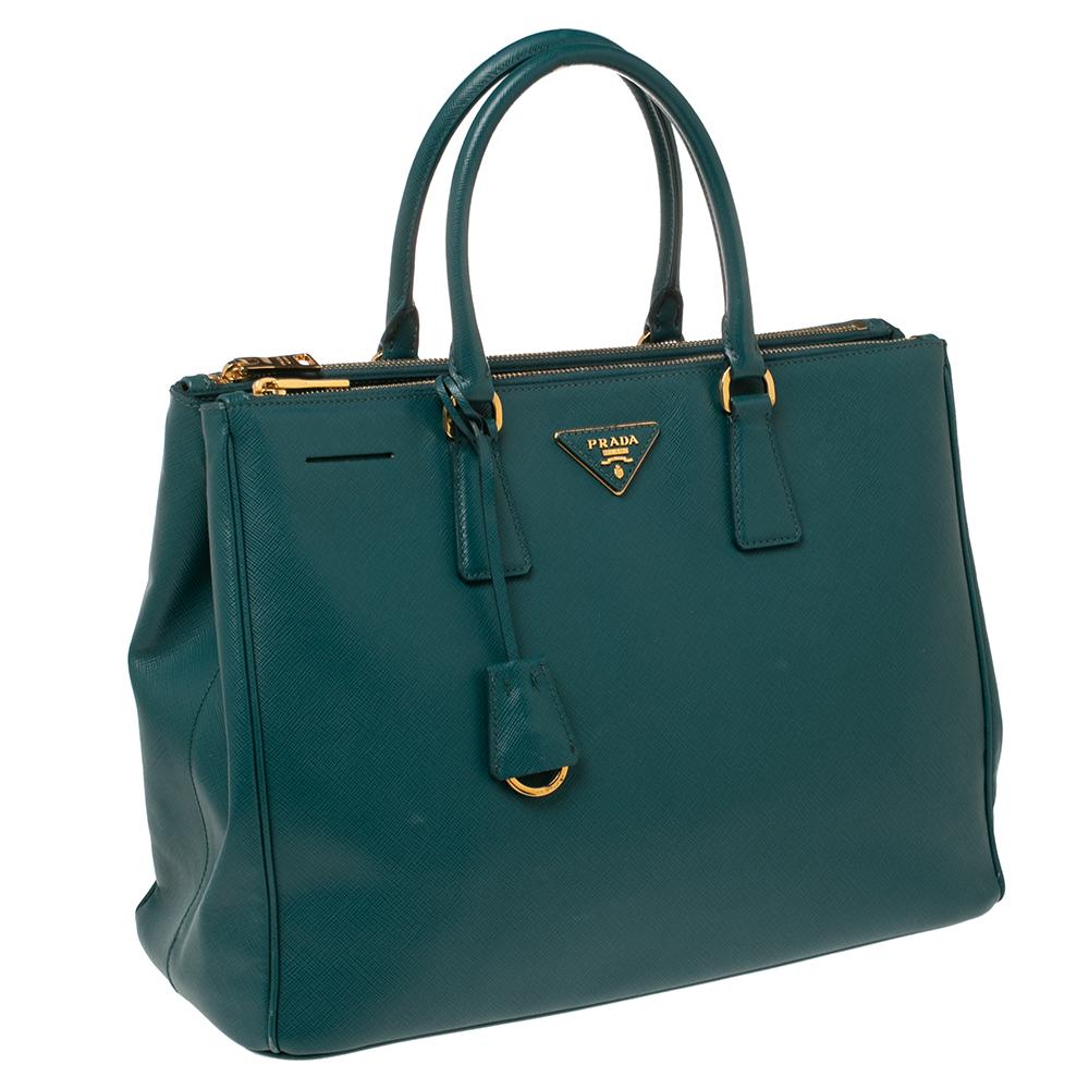 Women's Prada Green Saffiano Lux Leather Large Double Zip Tote