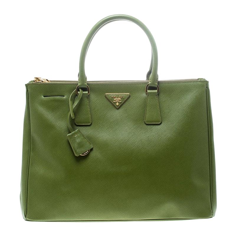 Prada Green Saffiano Lux Leather Large Double Zip Tote