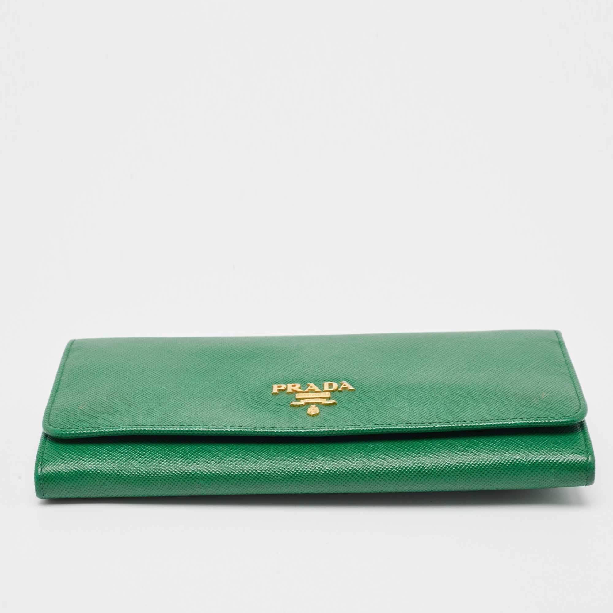 Women's Prada Green Saffiano Lux Leather Logo Flap Continental Wallet