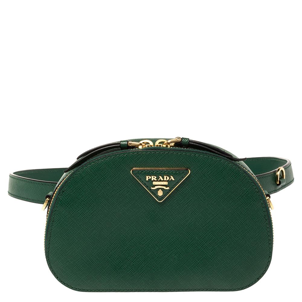 Prada Green Saffiano Lux Leather Odette Belt Bag In Excellent Condition In Dubai, Al Qouz 2