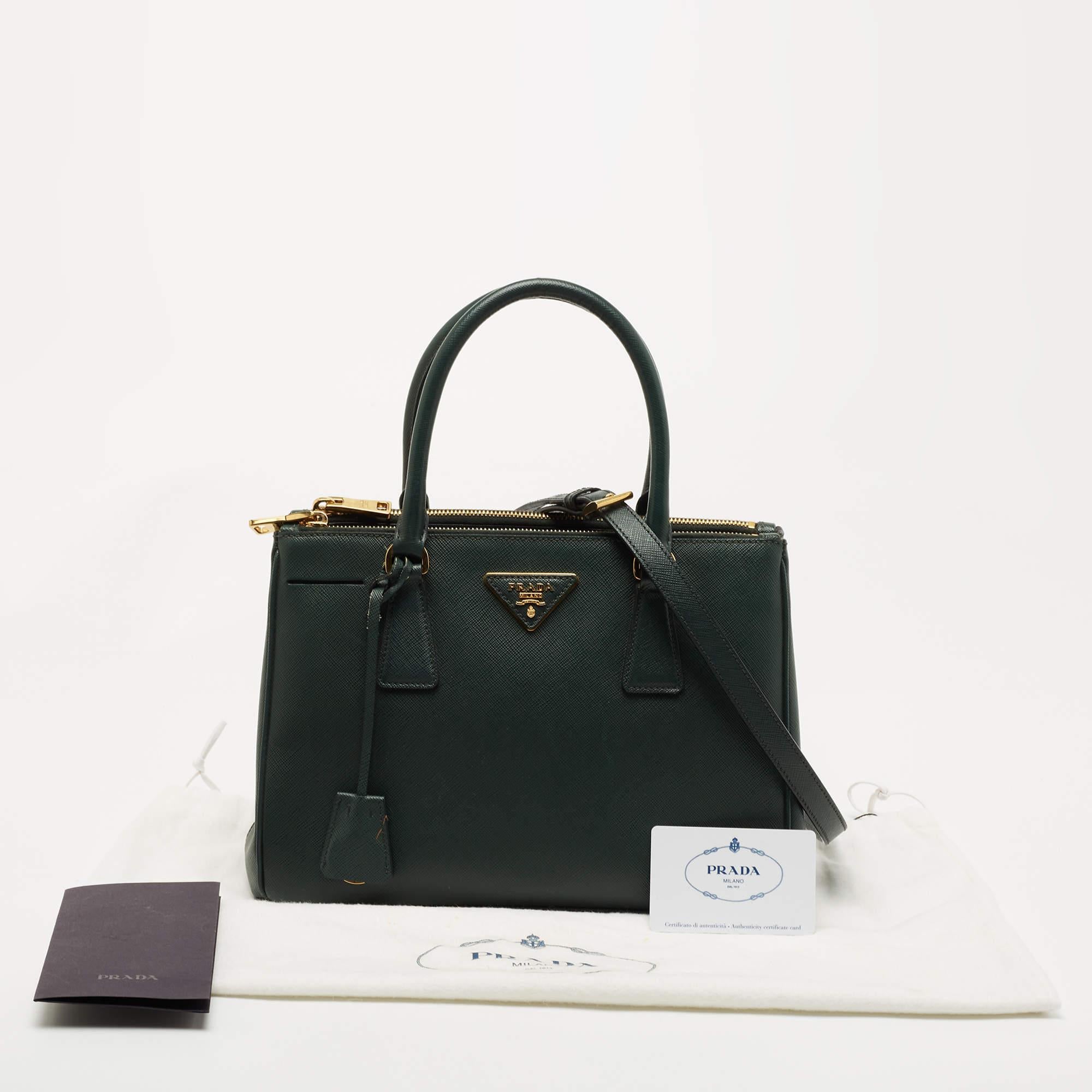 Prada Green Saffiano Lux Leather Small Double Zip Tote 14