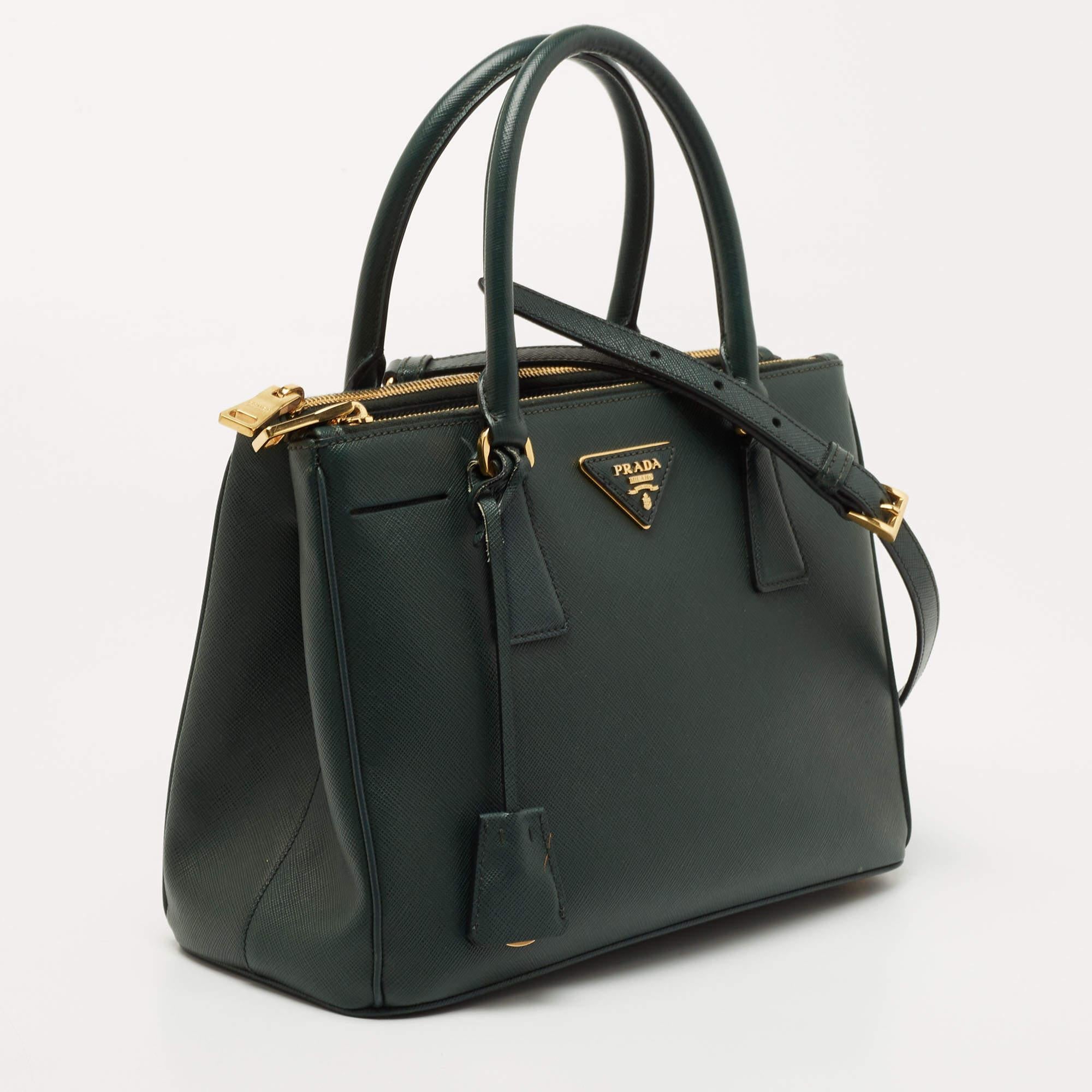 Women's Prada Green Saffiano Lux Leather Small Double Zip Tote