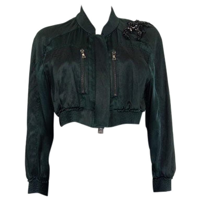 PRADA green silk blend SATIN SCORPION EMBELLISHED Bomber Jacket 42 M