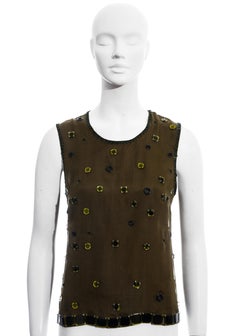 Prada green silk organza embellished vest with open back, fw 1999