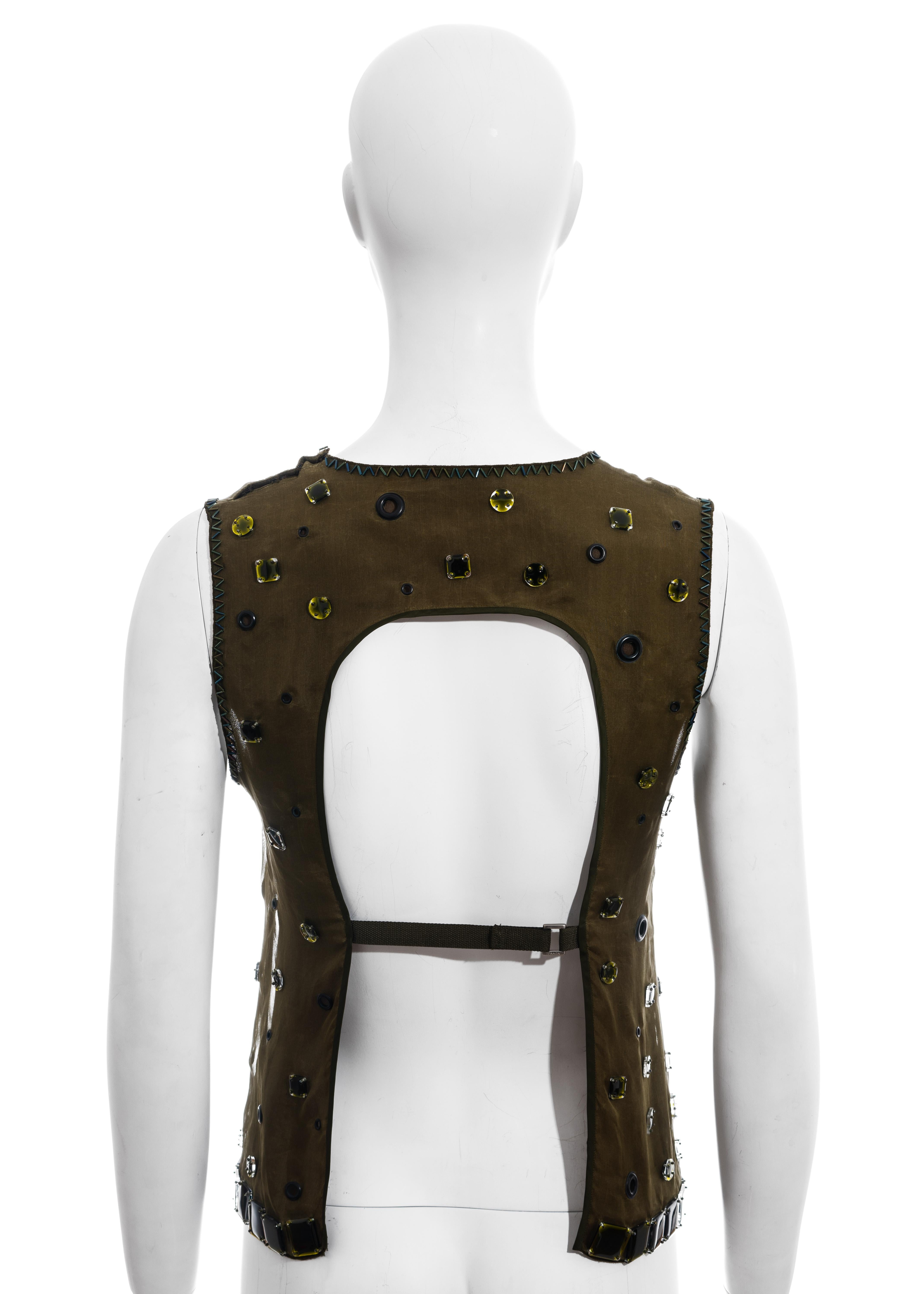 Prada green silk organza embellished vest with open back, fw 1999 In Excellent Condition For Sale In London, GB