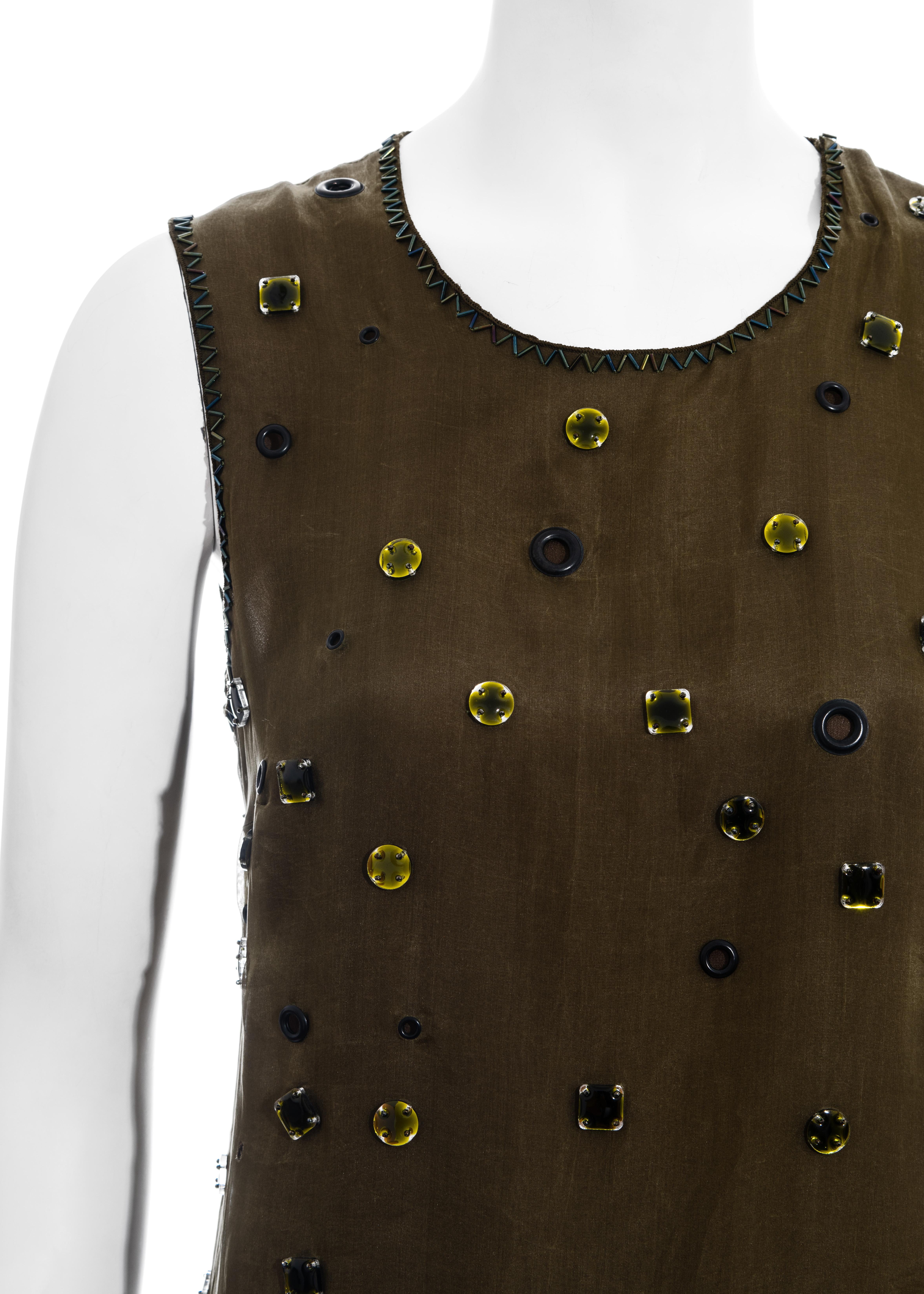 Black Prada green silk organza embellished vest with open back, fw 1999