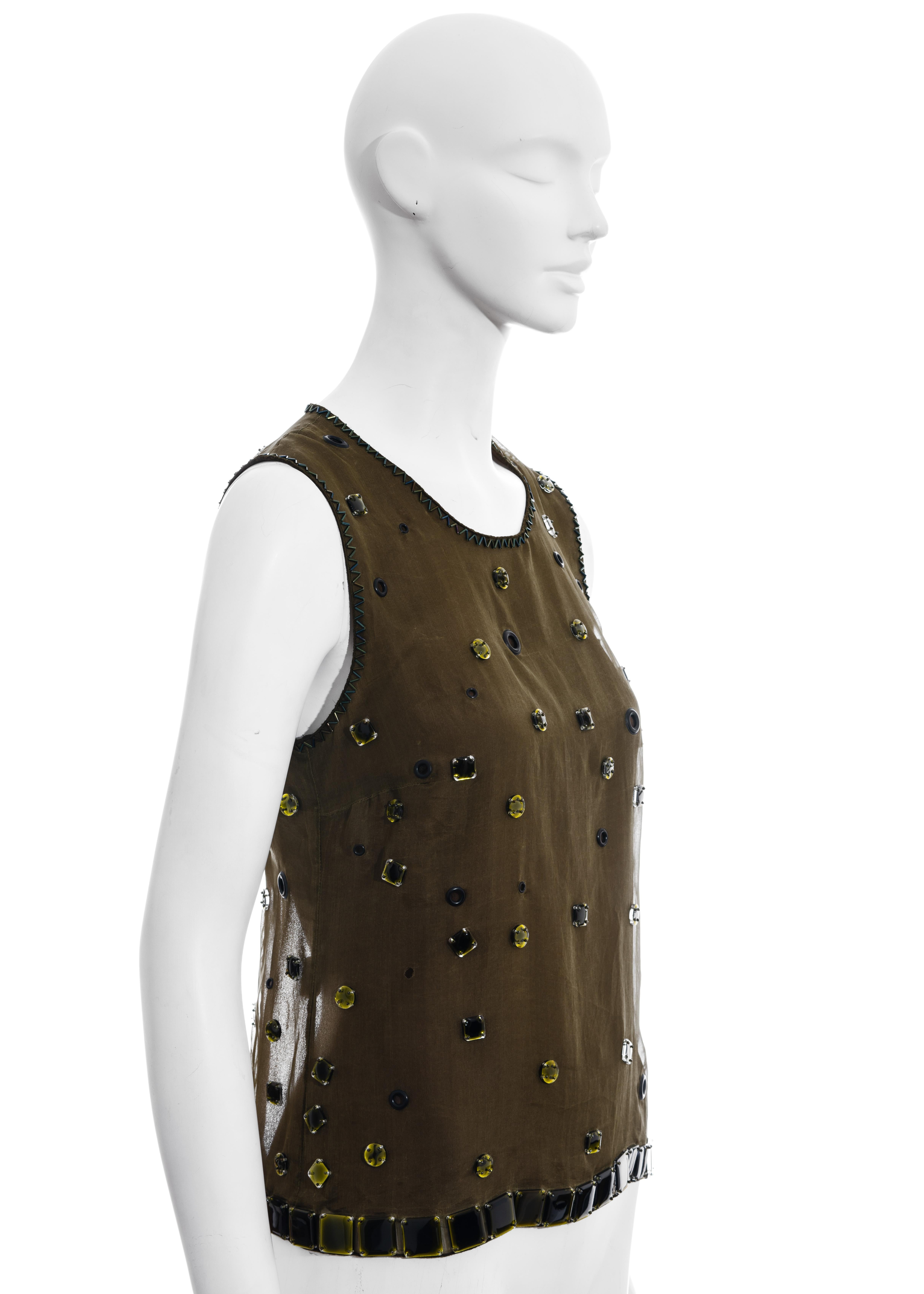 Prada green silk organza embellished vest with open back, fw 1999 For Sale 2