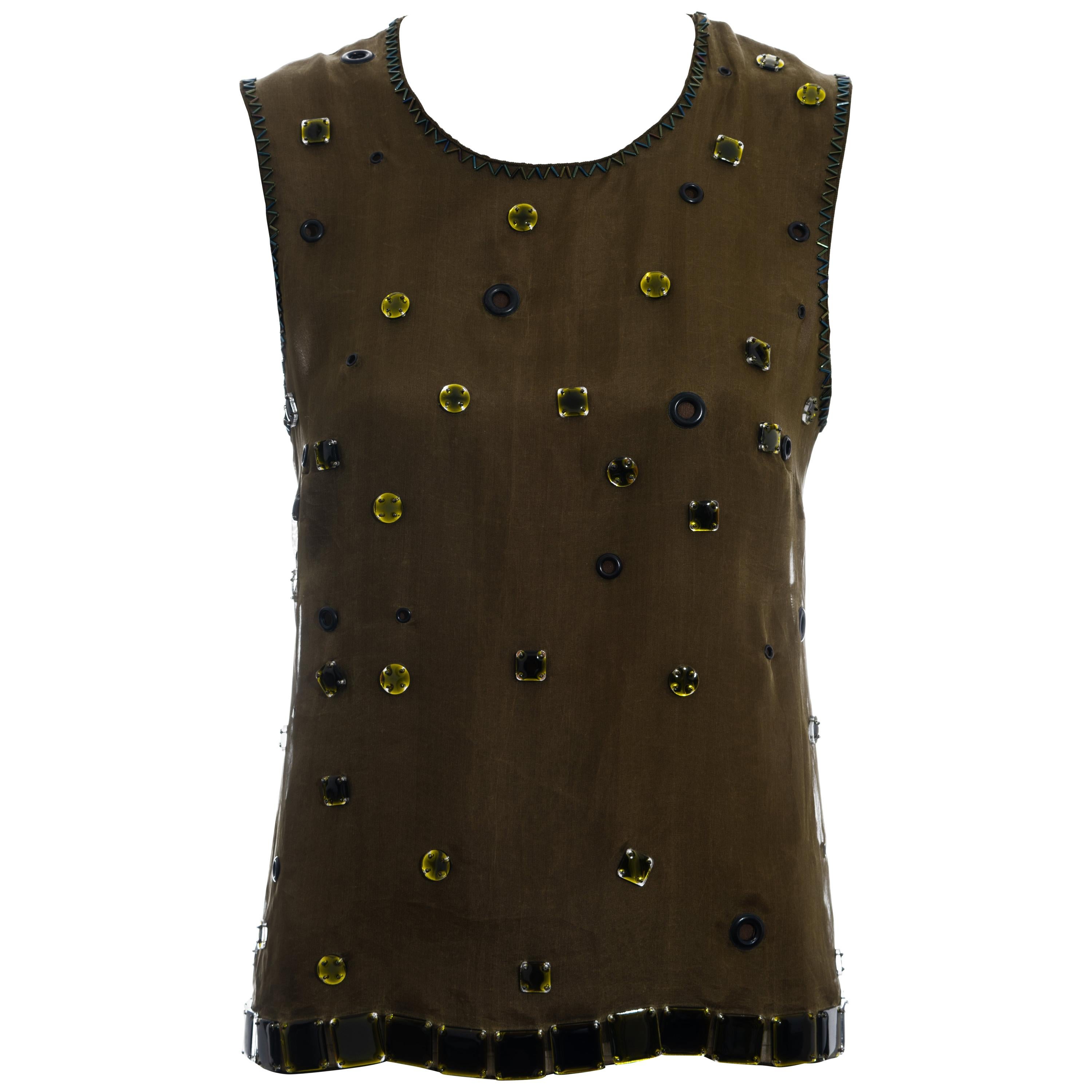 Prada green silk organza embellished vest with open back, fw 1999