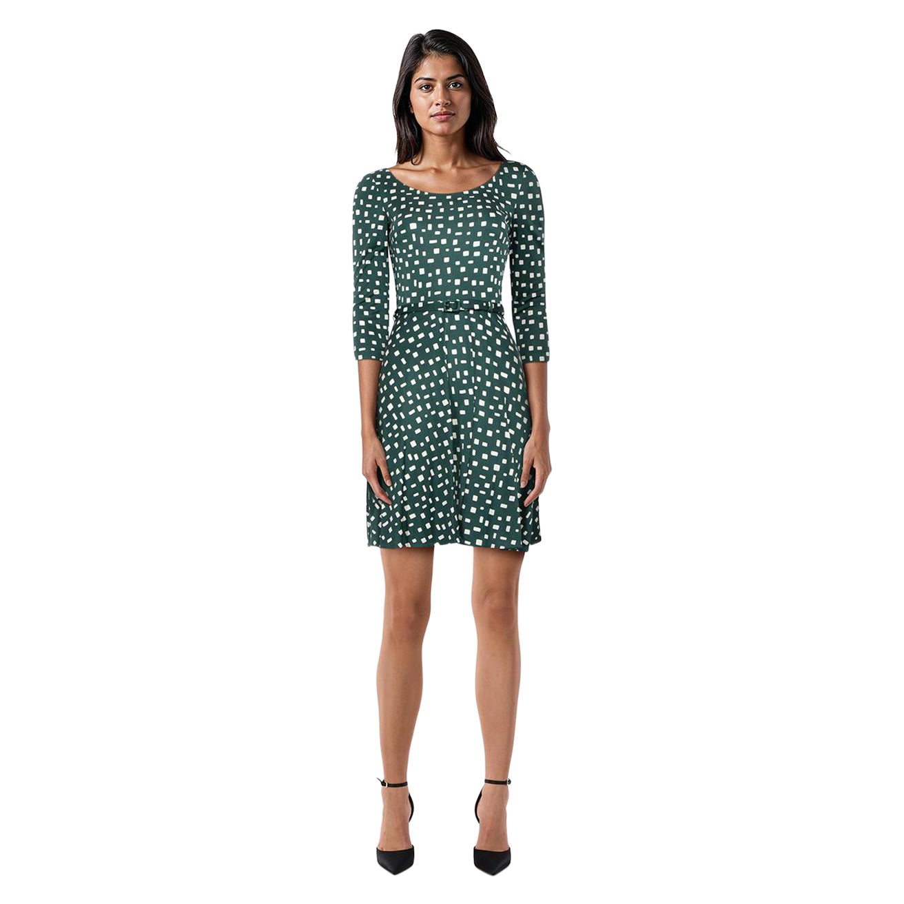 Prada Green Silk Square Pattern Belted Dress Size S For Sale