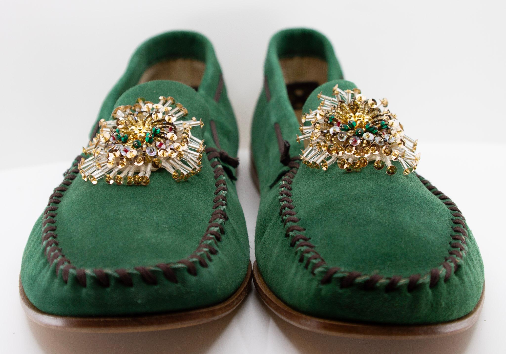 PRADA, emerald green, suede, loafers with beaded embellishments and leather soles, Estate of André Leon Talley.

New condition.

Given to André Leon Talley by Prada, never worn.

Size 14
