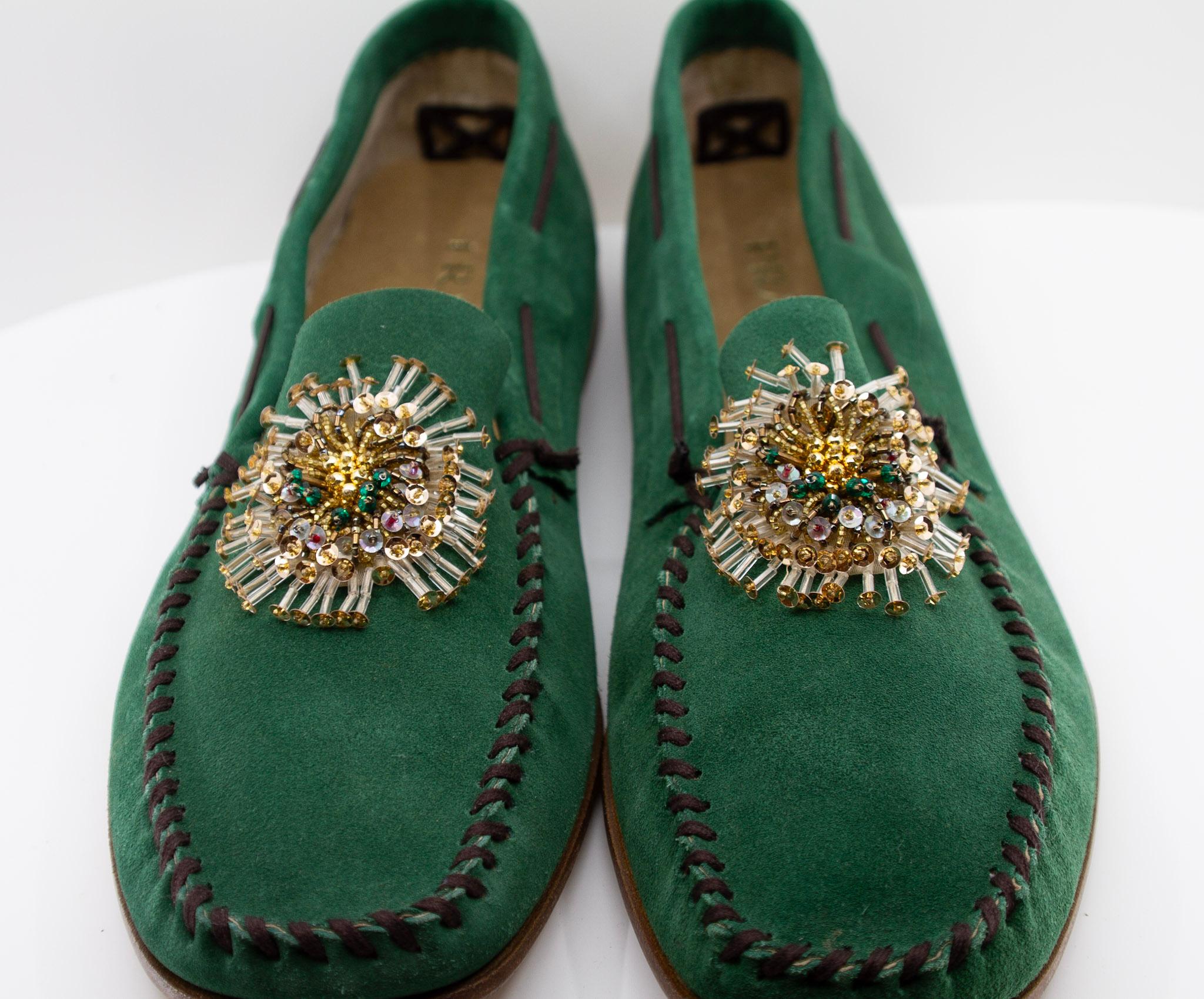 Black Prada, Green, Suede, Loafers with Beaded Embellishments and Leather Soles For Sale