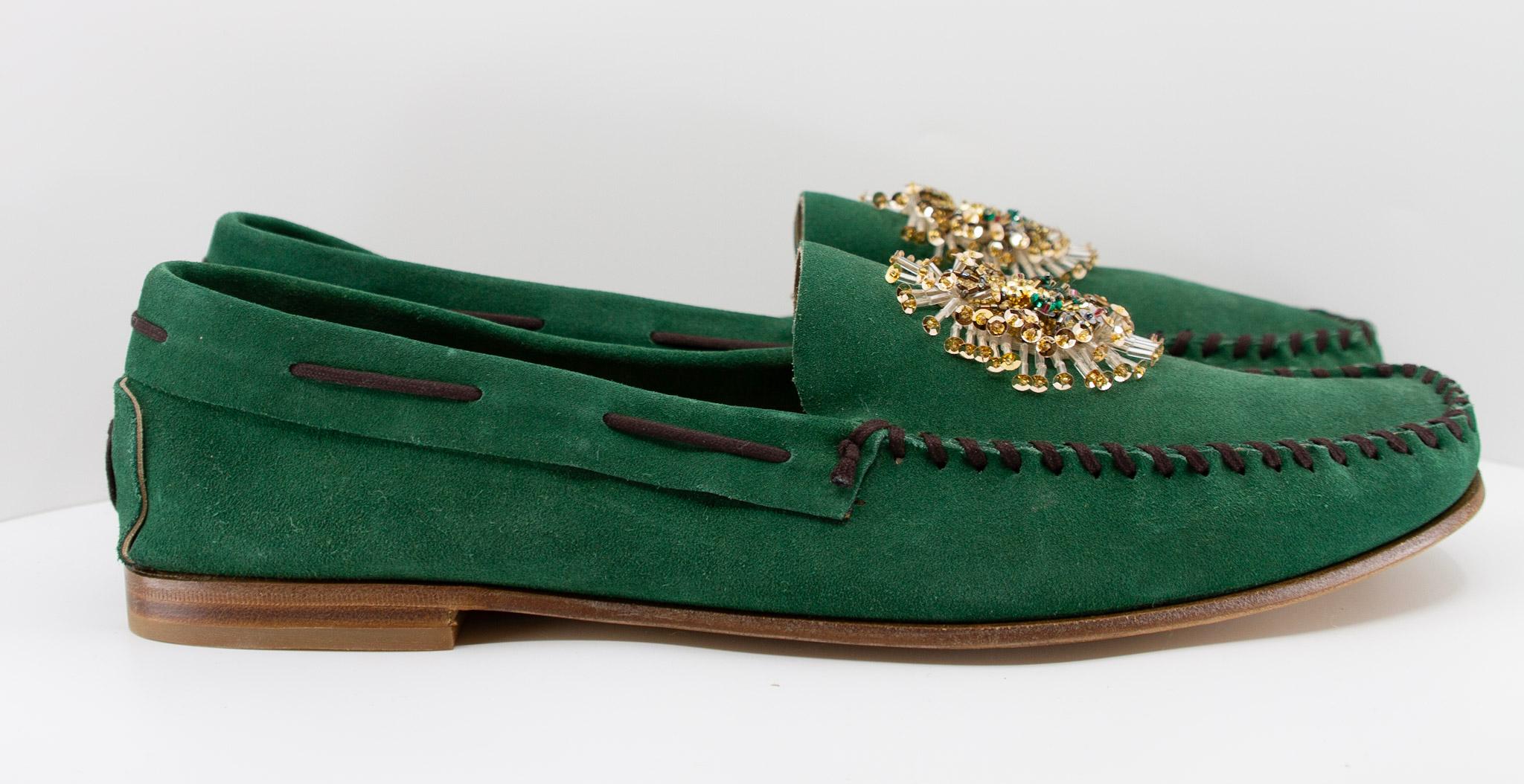 Women's or Men's Prada, Green, Suede, Loafers with Beaded Embellishments and Leather Soles For Sale