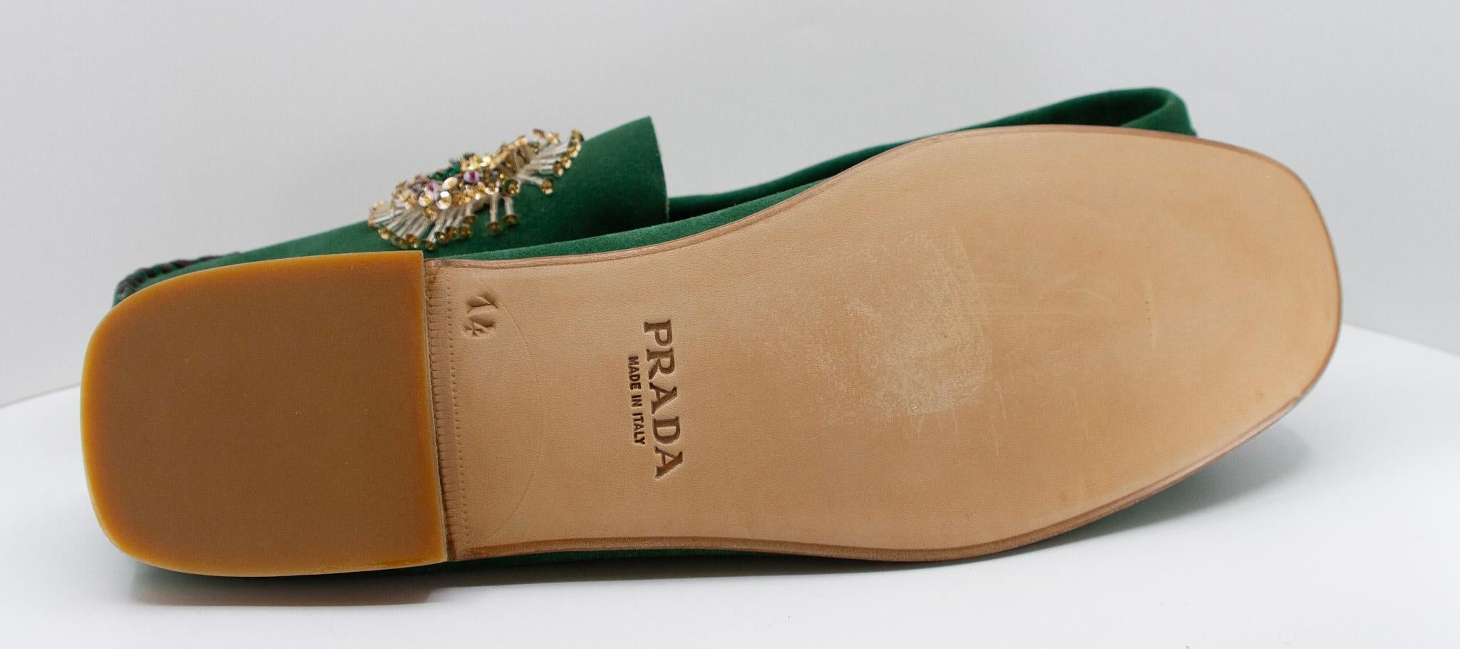 Prada, Green, Suede, Loafers with Beaded Embellishments and Leather Soles For Sale 1