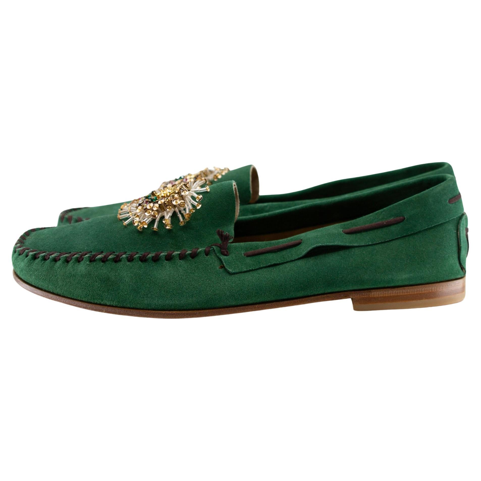 Prada, Green, Suede, Loafers with Beaded Embellishments and Leather Soles For Sale