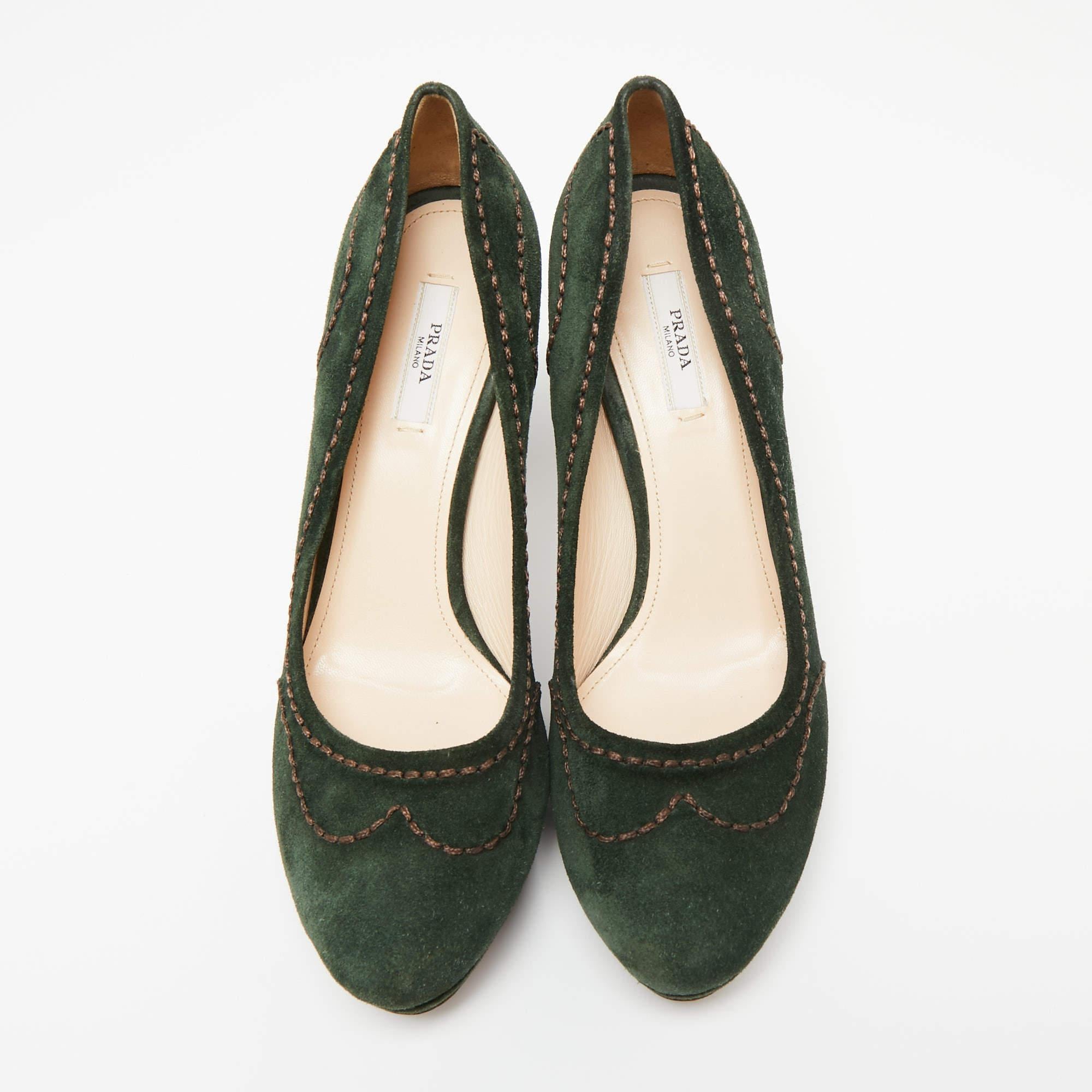 Black Prada Green Suede Stitch Detail Platform Pumps Size 39