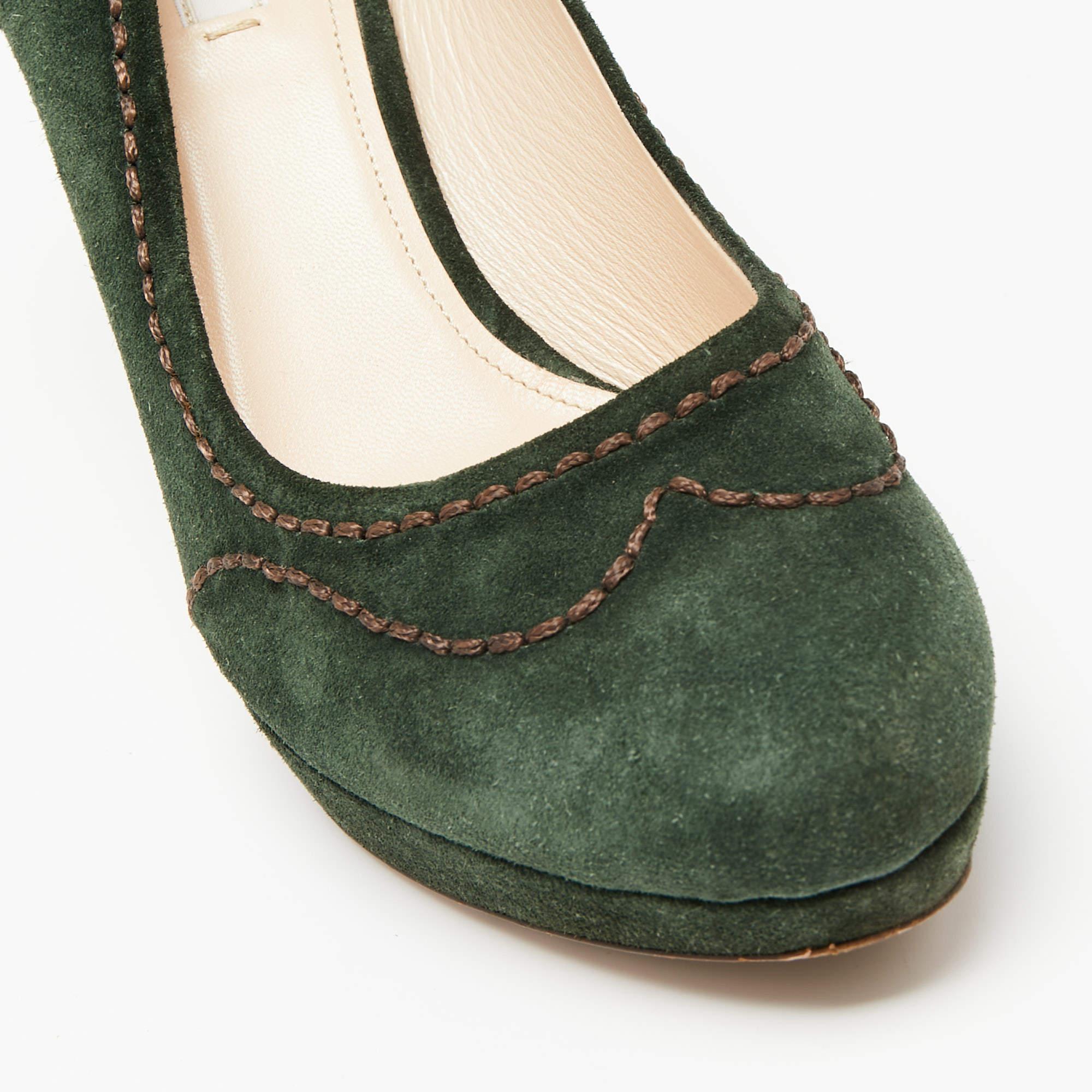 Prada Green Suede Stitch Detail Platform Pumps Size 39 2