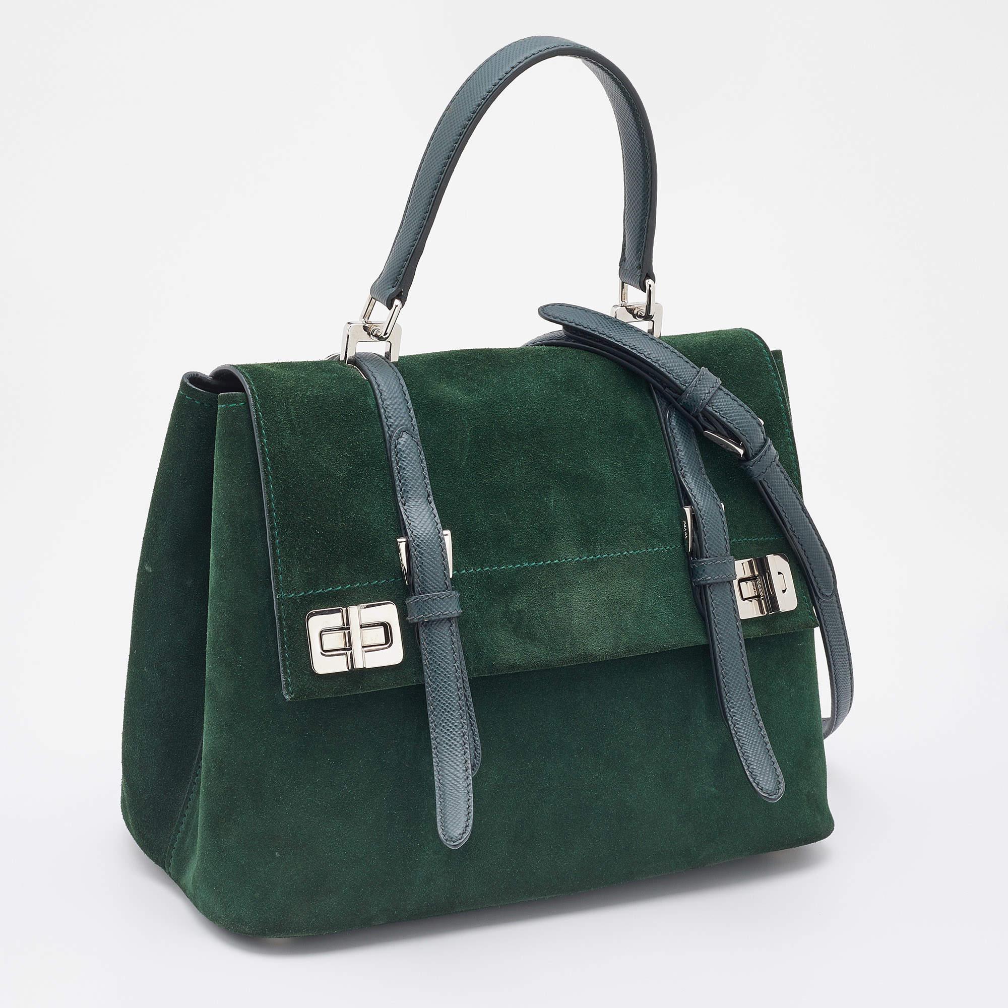 Prada Green Suede Top Handle Bag In Good Condition In Dubai, Al Qouz 2