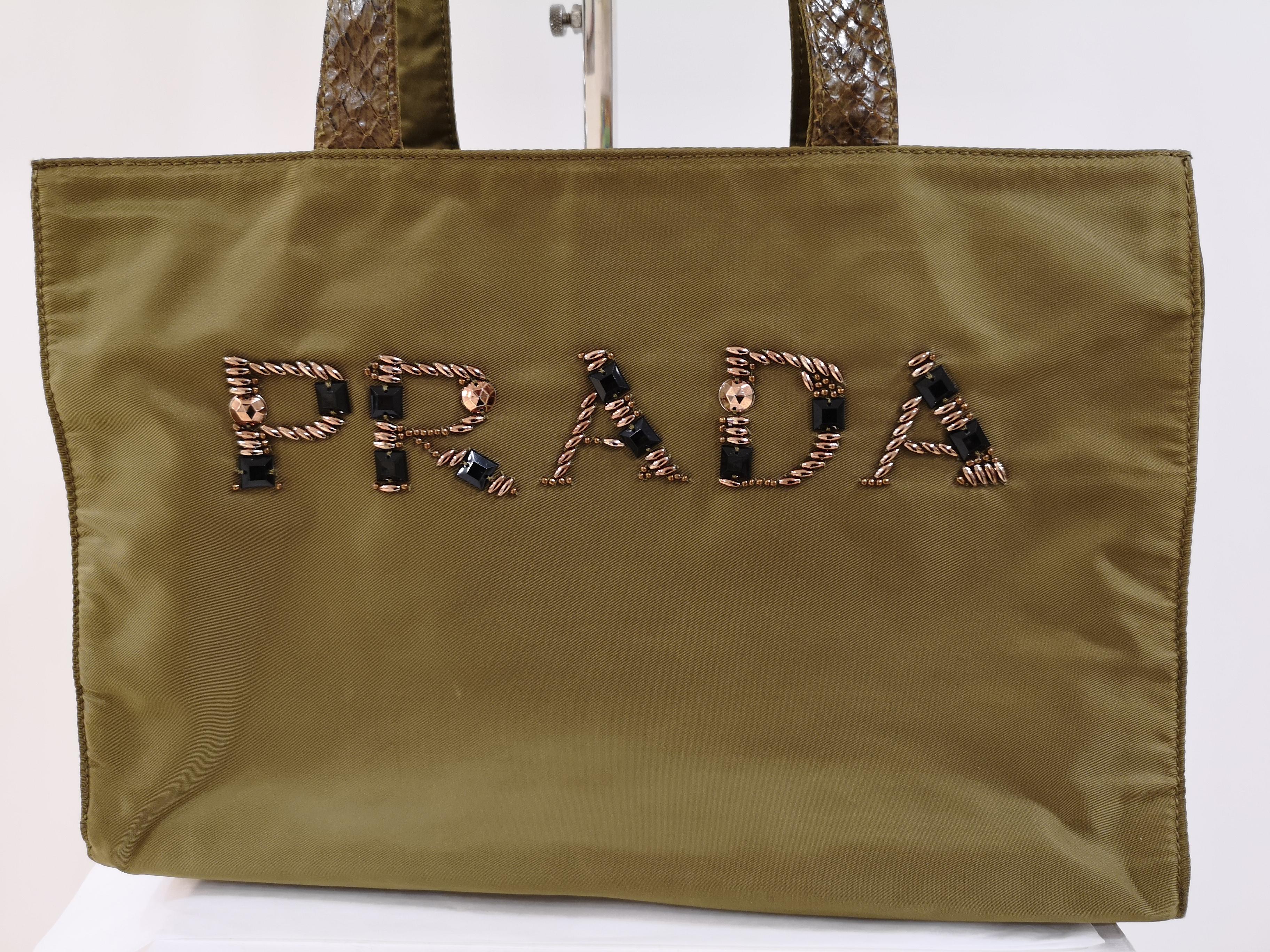 Prada green swarovski logo shoulderbag / python skin leather handle
totally made in italy 
measurements:  34 * 23 cm 12 cm depth