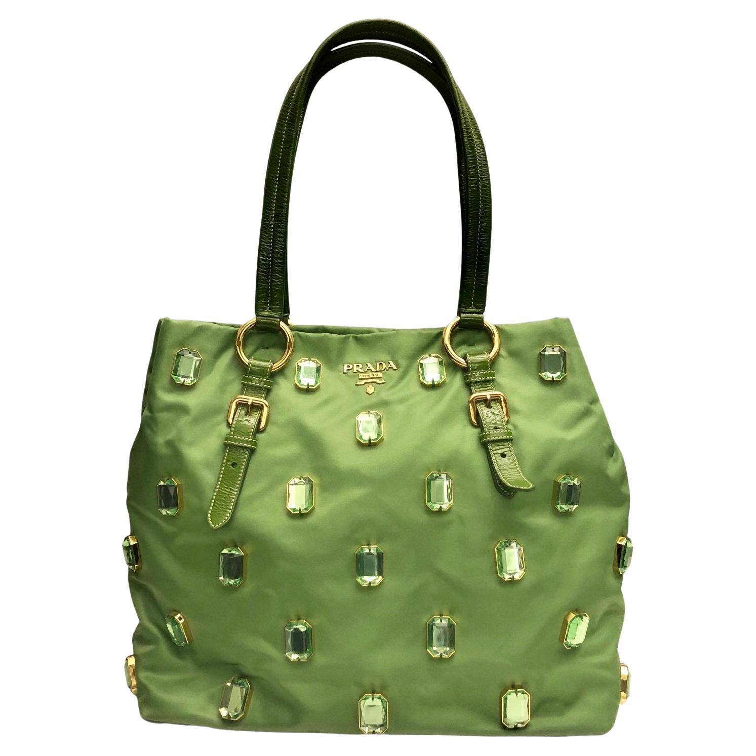 Prada Green Tessuto Pietre Jewelled Nylon Tote Bag