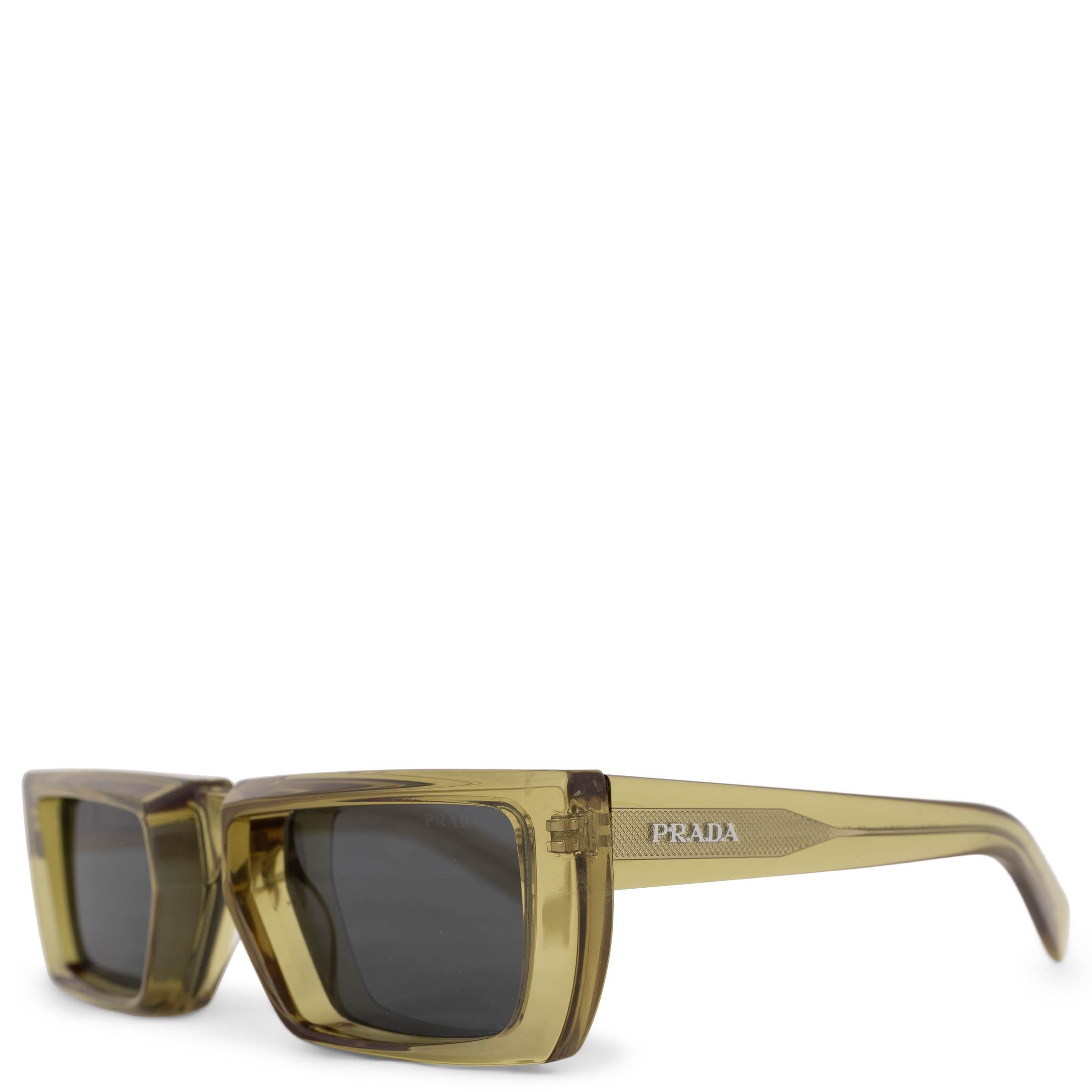 These 100% authentic Prada Square Frame Sunglasses in fern green acetate offer a chic, modern look. The square frames are complemented by grey tinted lenses with full UV protection, ensuring both style and eye safety. The Prada logo is elegantly