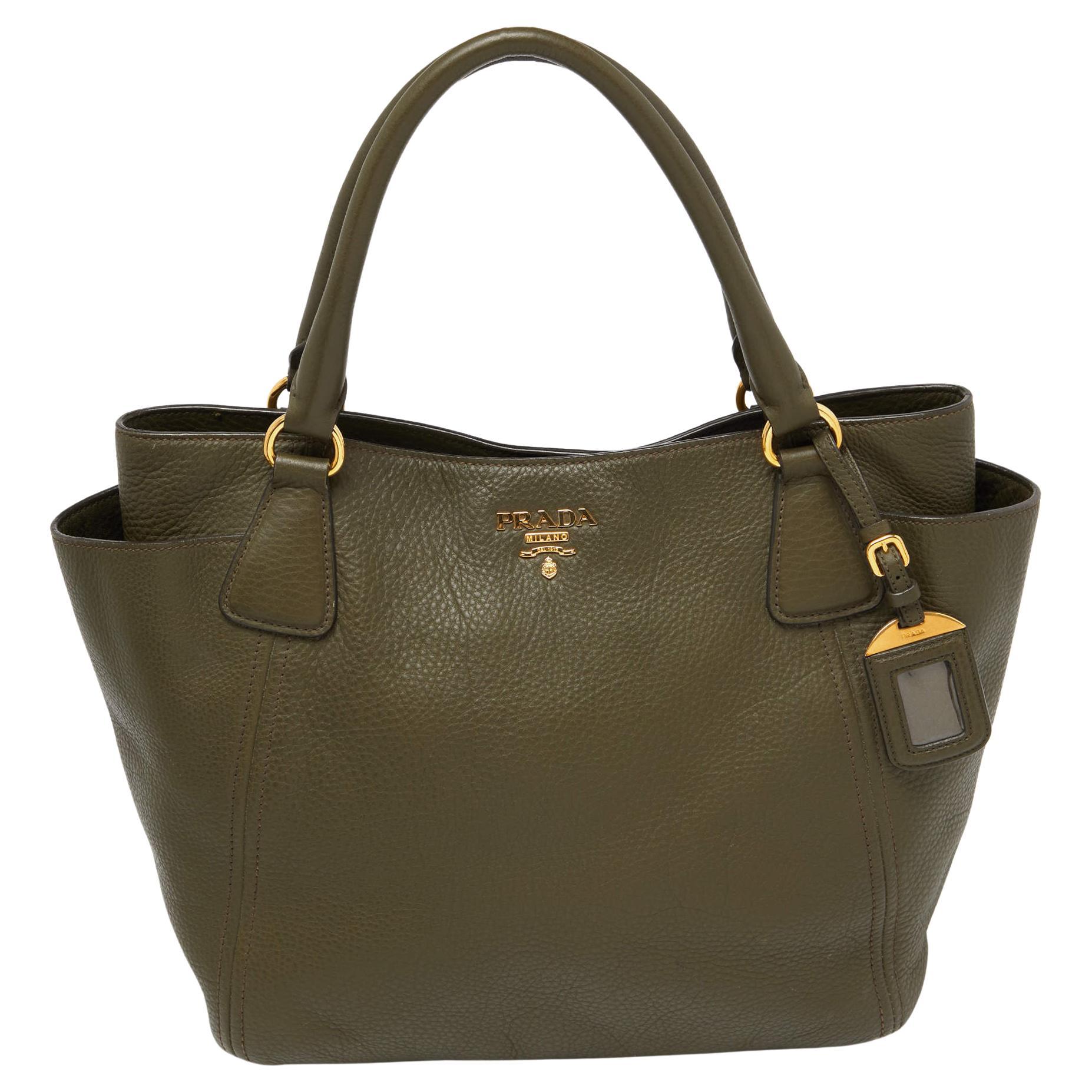 Prada Green Vitello Daino Leather Sacca 2 Manici Tote