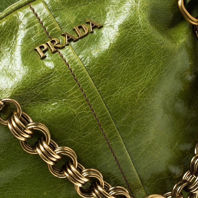 Brown Prada Green Vitello Shine Leather Bowler Bag