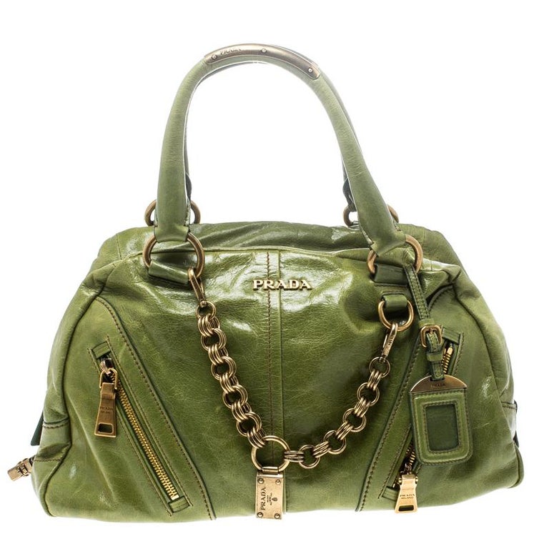 Prada Green Vitello Shine Leather Bowler Bag For Sale at 1stDibs